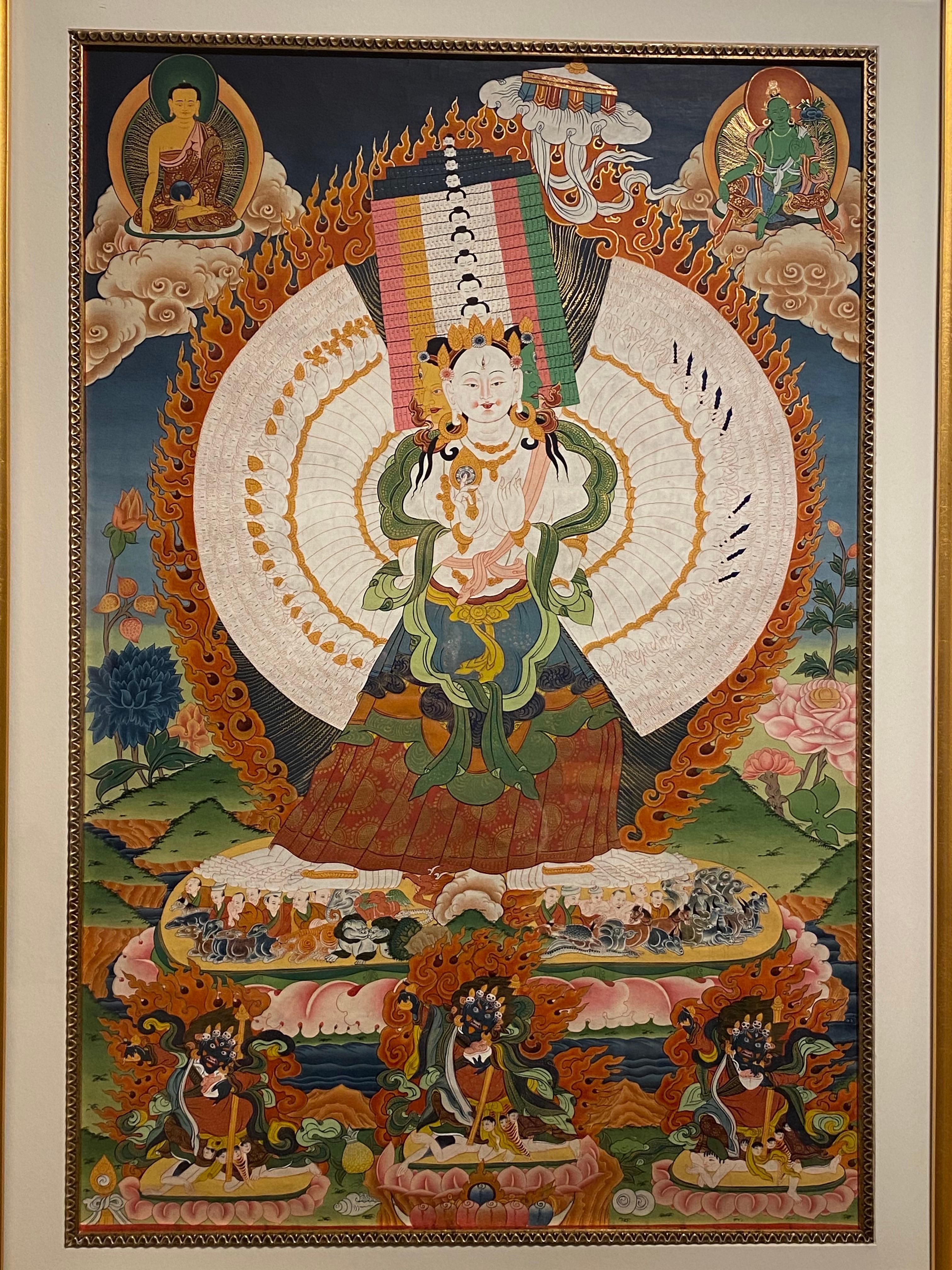 Framed Hand Painted Avalokiteshvara Thangka on Canvas 24K Gold  - Painting by Unknown