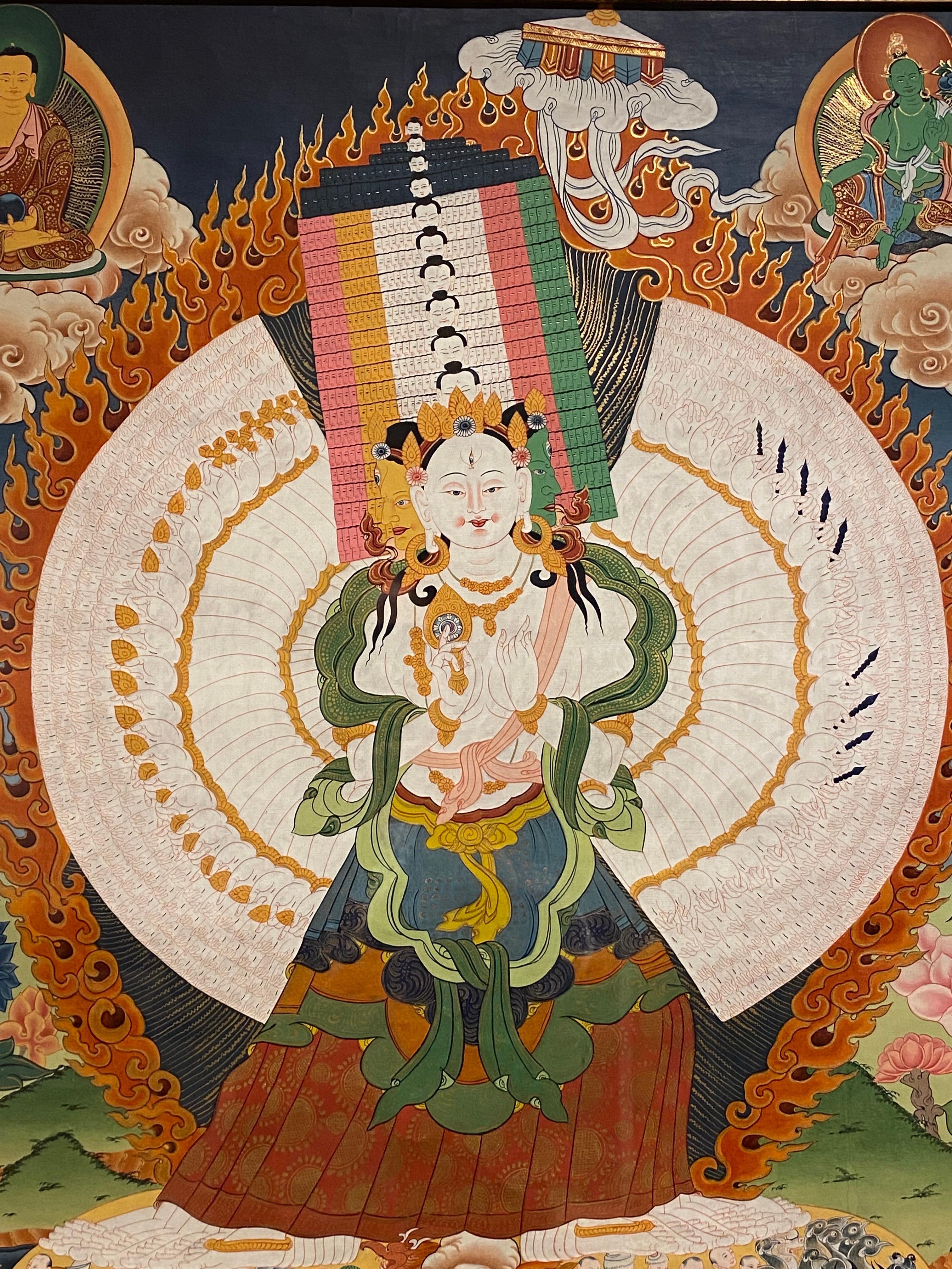 Gerahmte handbemalte Avalokiteshvara Thangka auf Leinwand 24K Gold, Gerahmt (Sonstige Kunststile), Painting, von Unknown