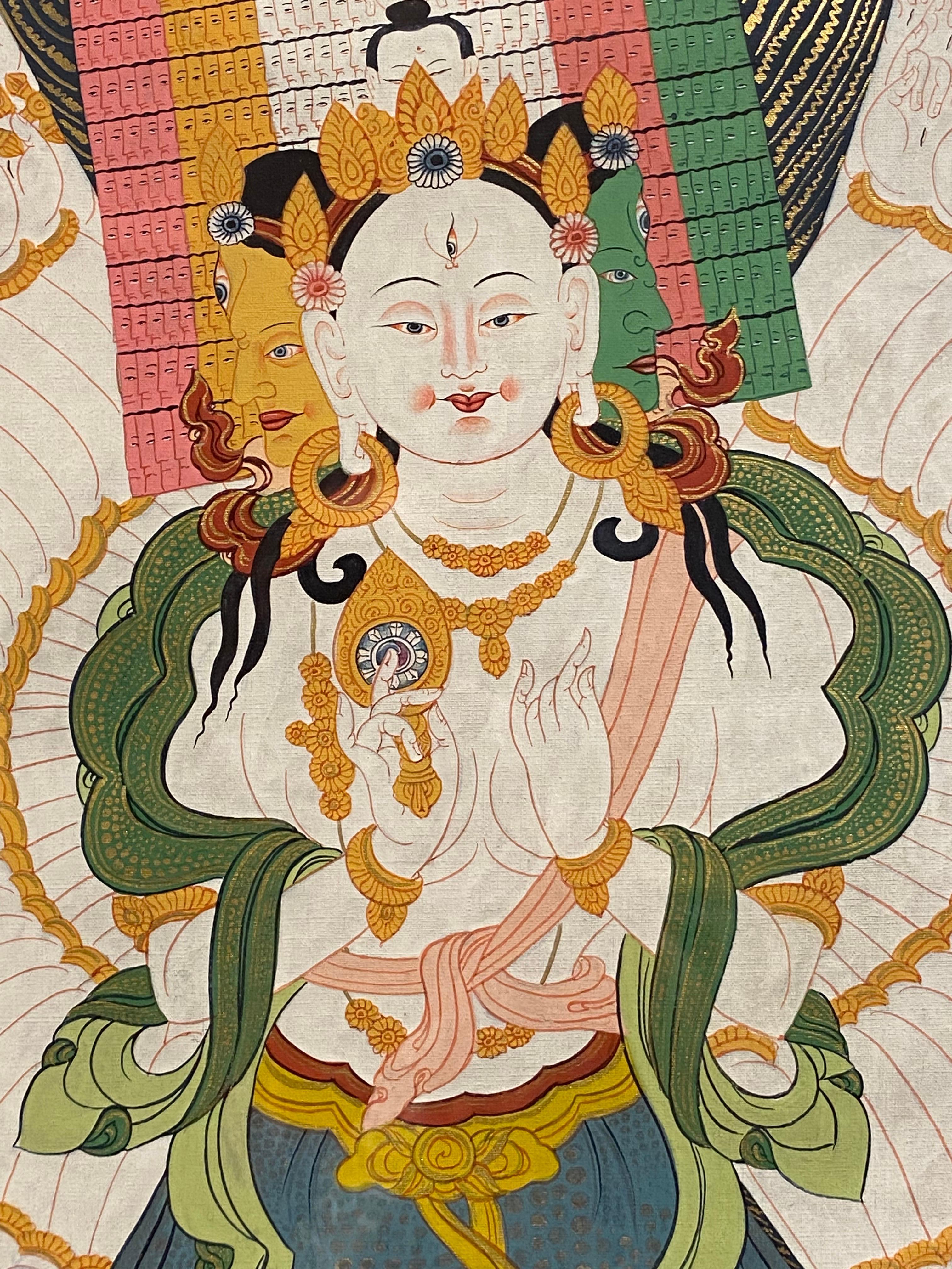 Framed Hand Painted Avalokiteshvara Thangka on Canvas 24K Gold  For Sale 5