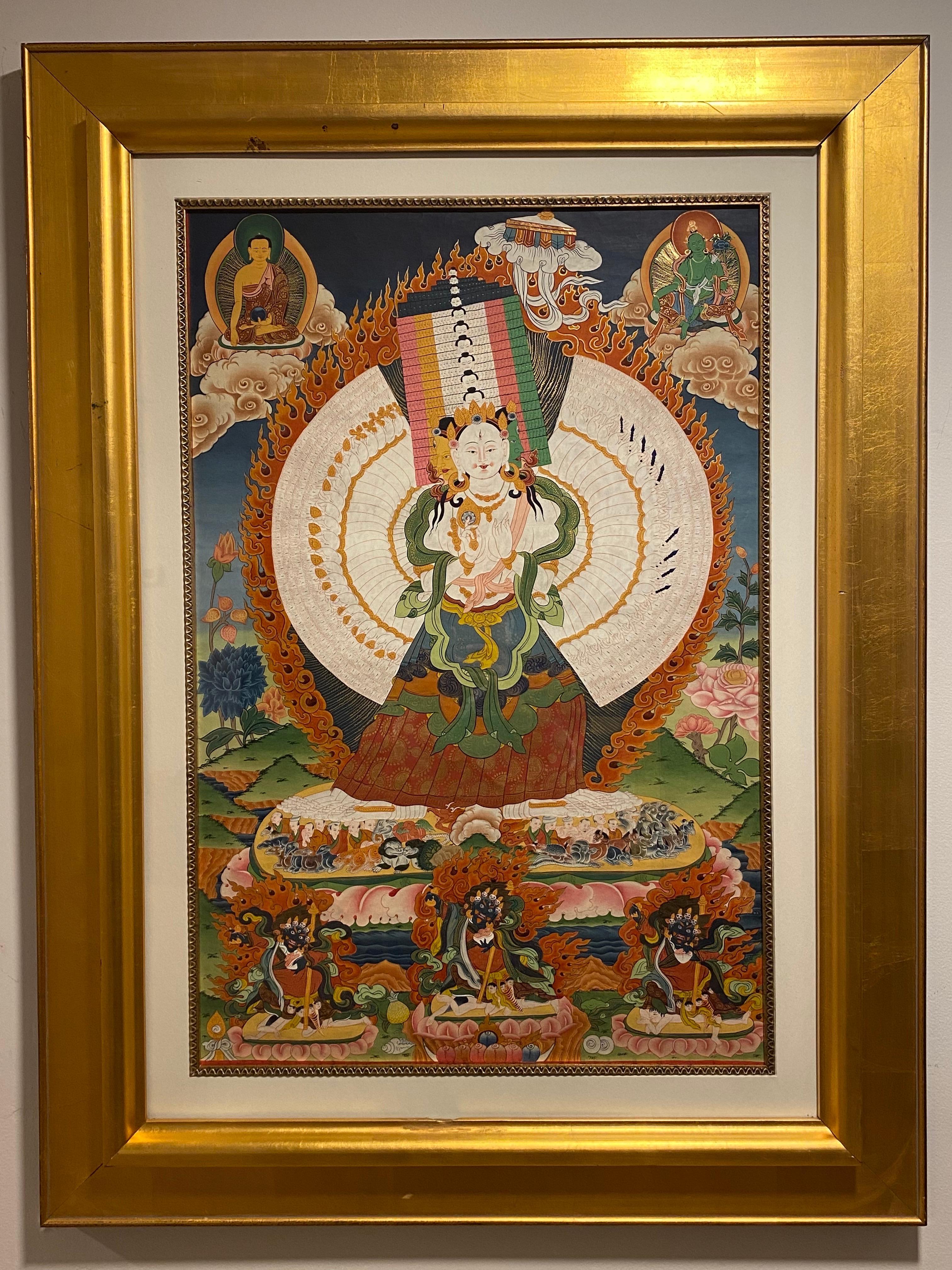 Unknown Figurative Painting - Framed Hand Painted Avalokiteshvara Thangka on Canvas 24K Gold 