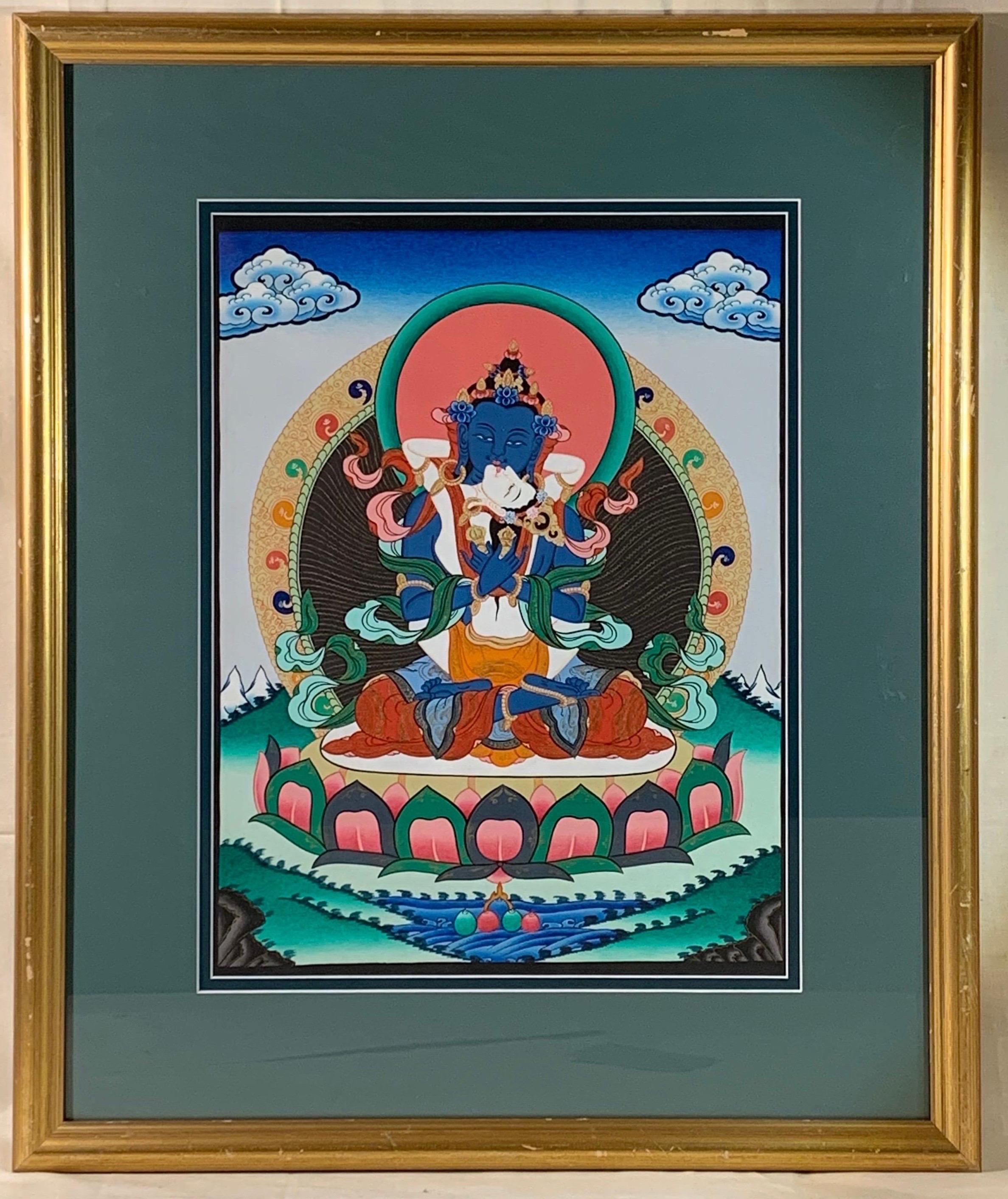 Framed Hand Painted Buddha Shakti Thangka on Canvas with 24K Gold - Painting by Unknown