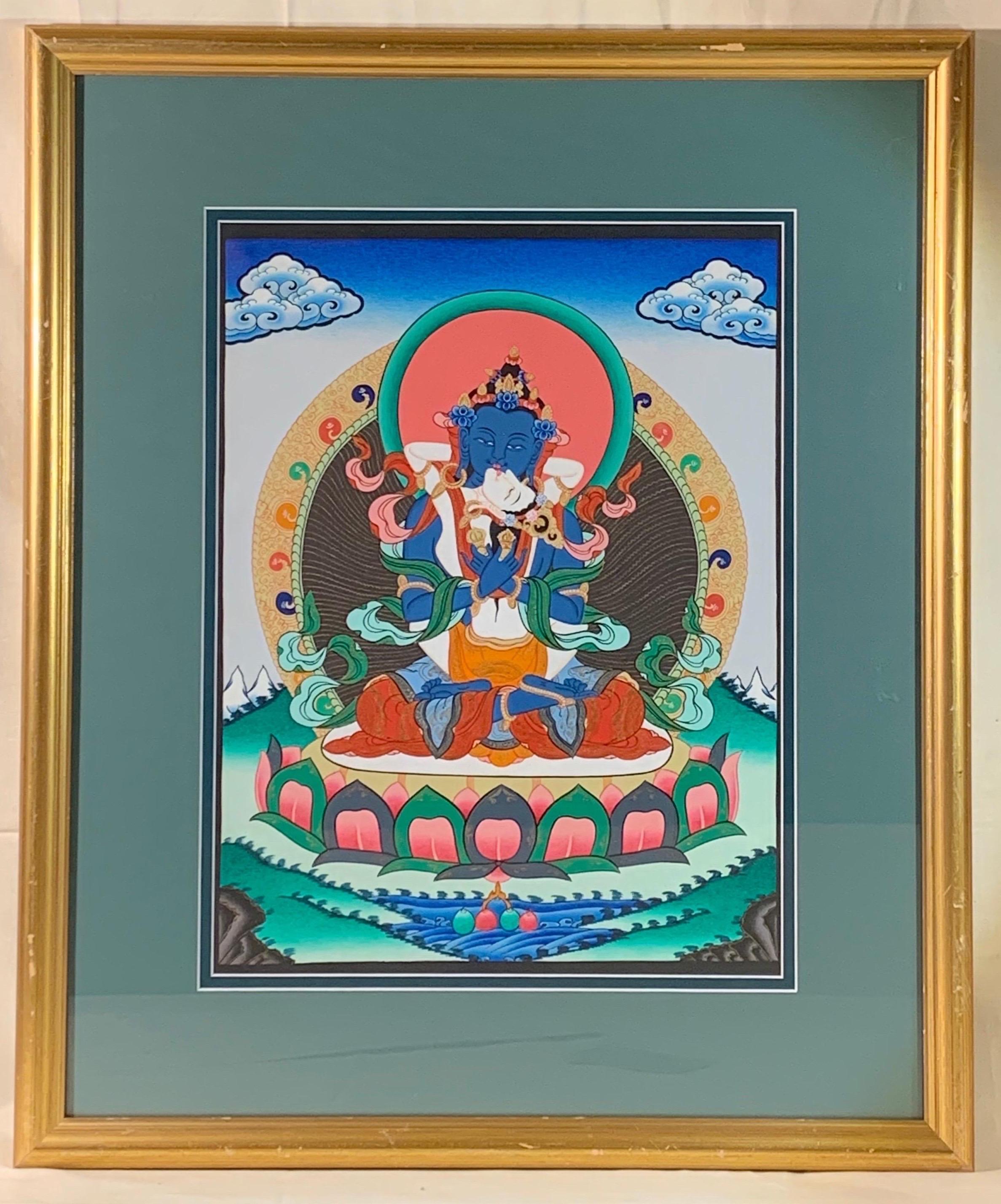 Unknown Figurative Painting - Framed Hand Painted Buddha Shakti Thangka on Canvas with 24K Gold