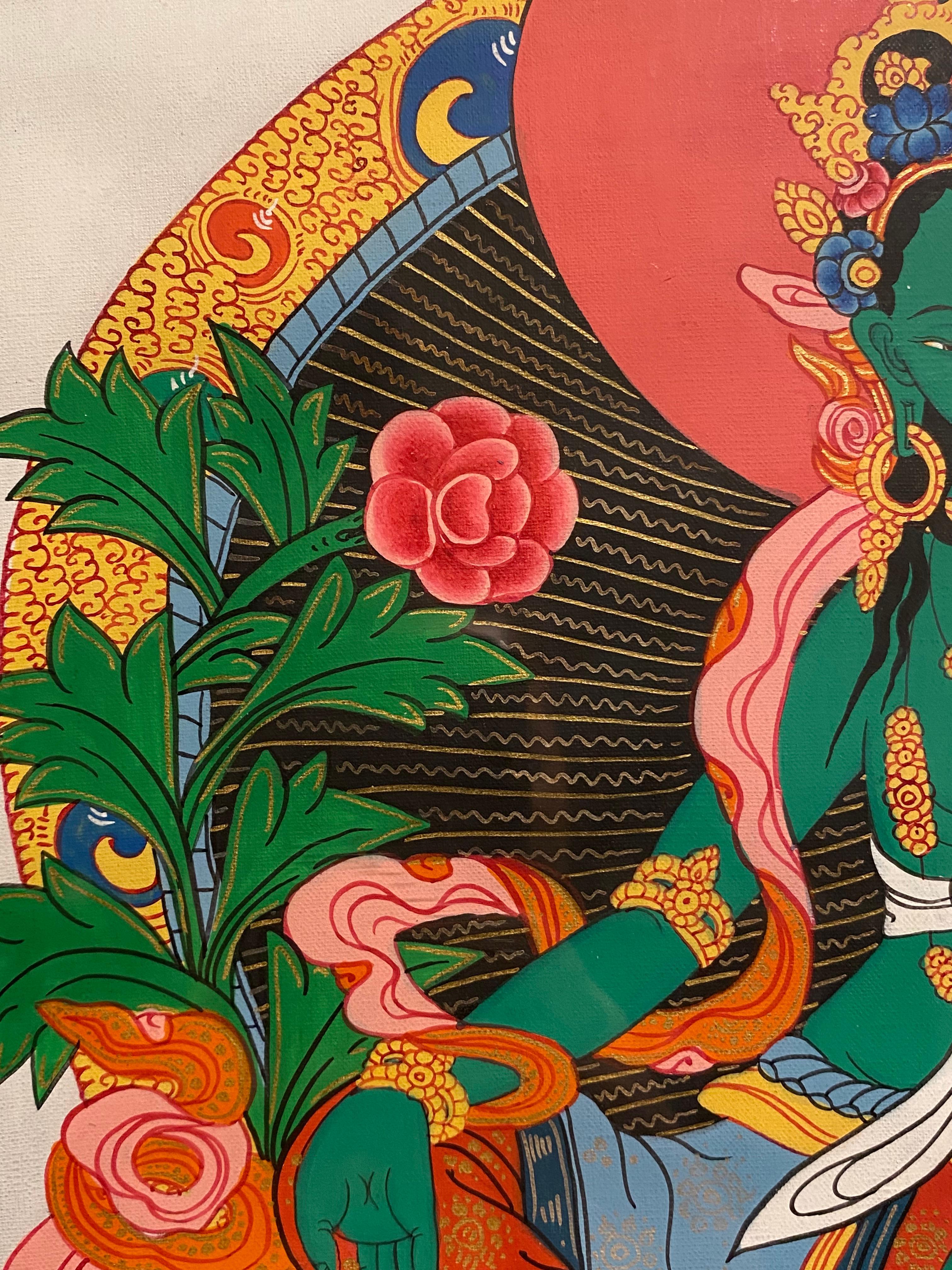 Thangka di Tara verde dipinto a mano e incorniciato su tela con oro 24 carati in vendita 5