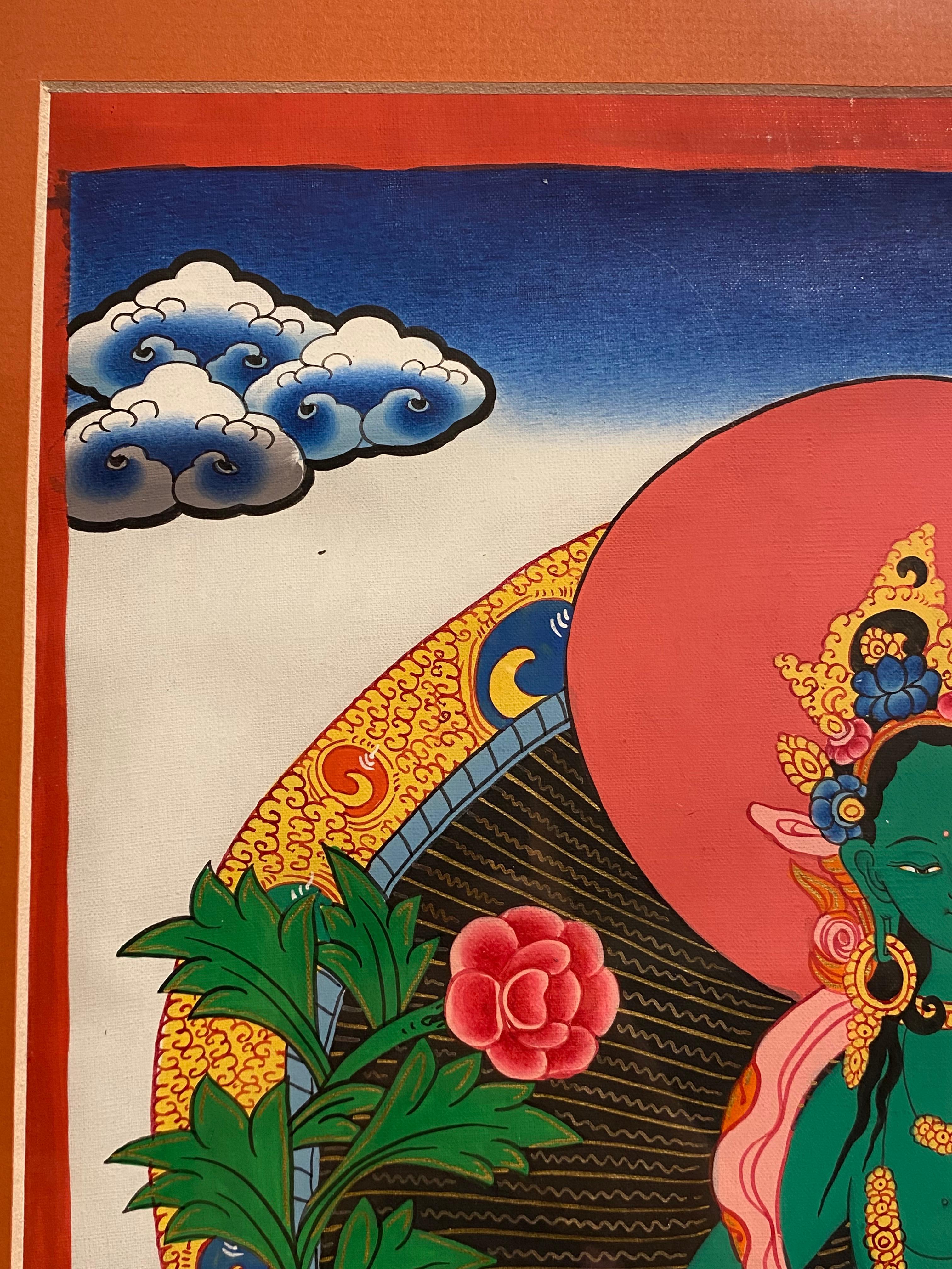 Thangka di Tara verde dipinto a mano e incorniciato su tela con oro 24 carati in vendita 6