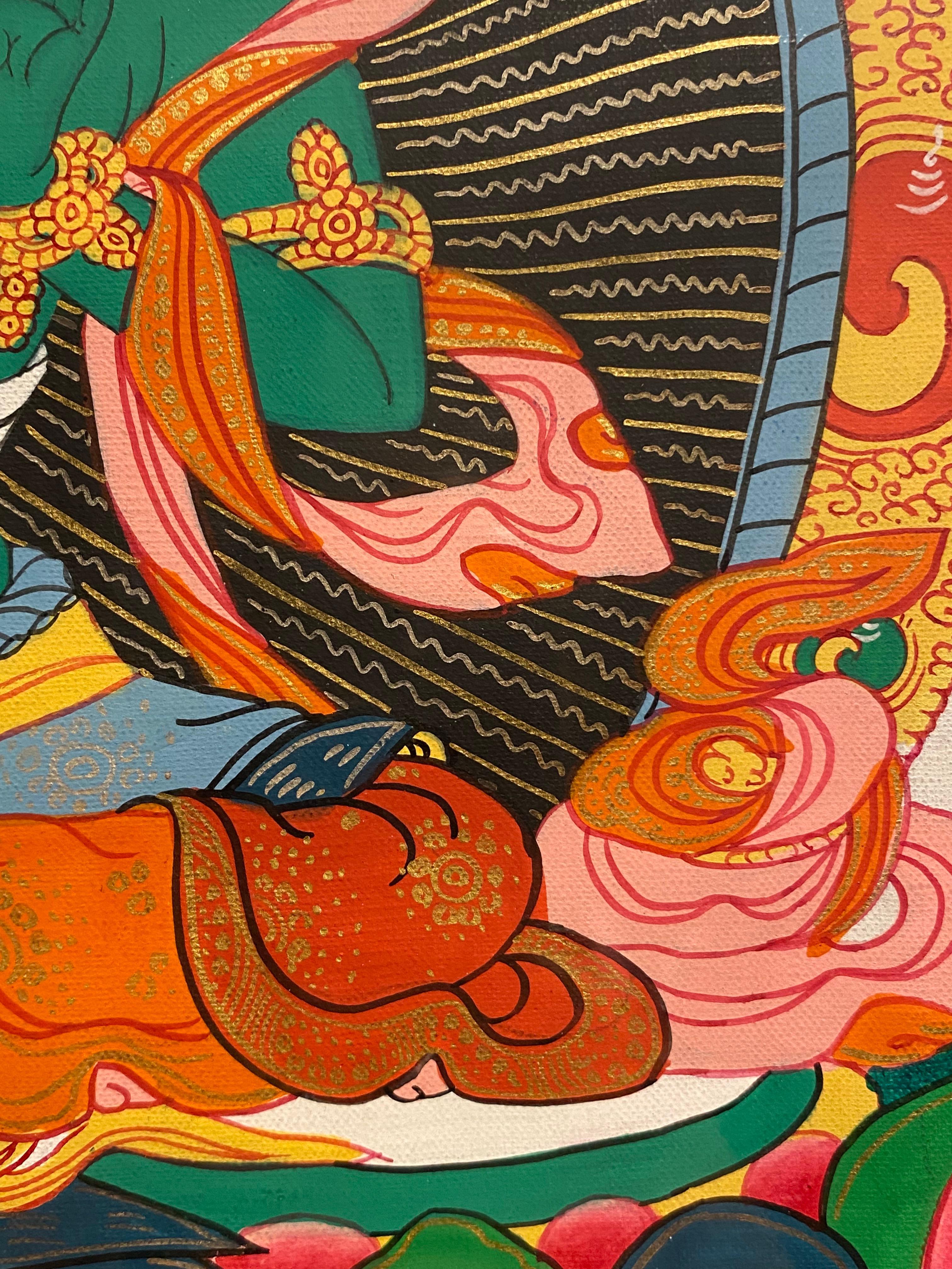 Thangka di Tara verde dipinto a mano e incorniciato su tela con oro 24 carati in vendita 9
