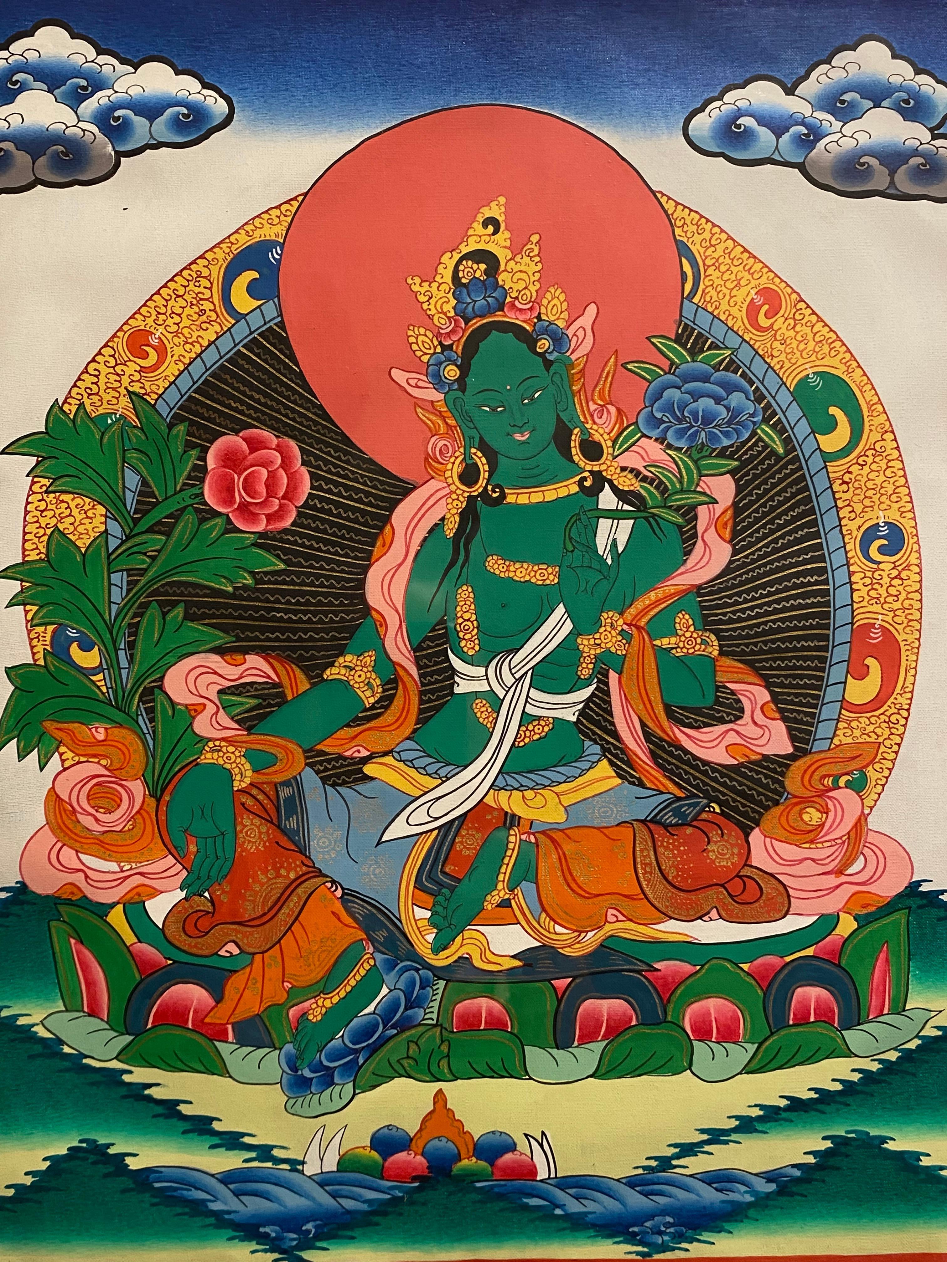 Thangka di Tara verde dipinto a mano e incorniciato su tela con oro 24 carati - Painting di Unknown