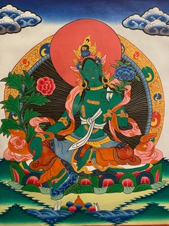 Framed Hand Painted Green Tara Thangka on Canvas 24K Gold