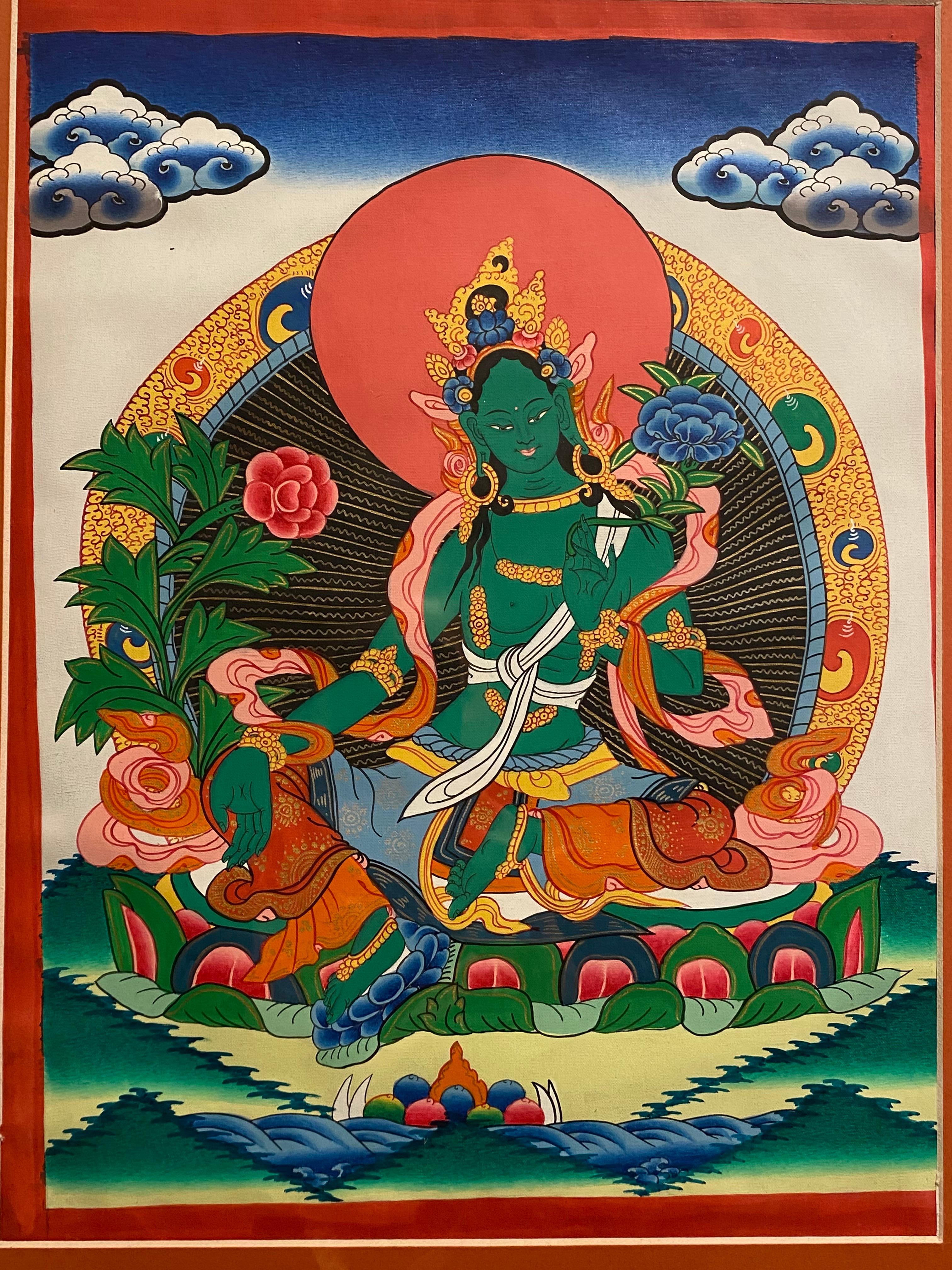 Thangka di Tara verde dipinto a mano e incorniciato su tela con oro 24 carati - Painting Altro stile artistico di Unknown