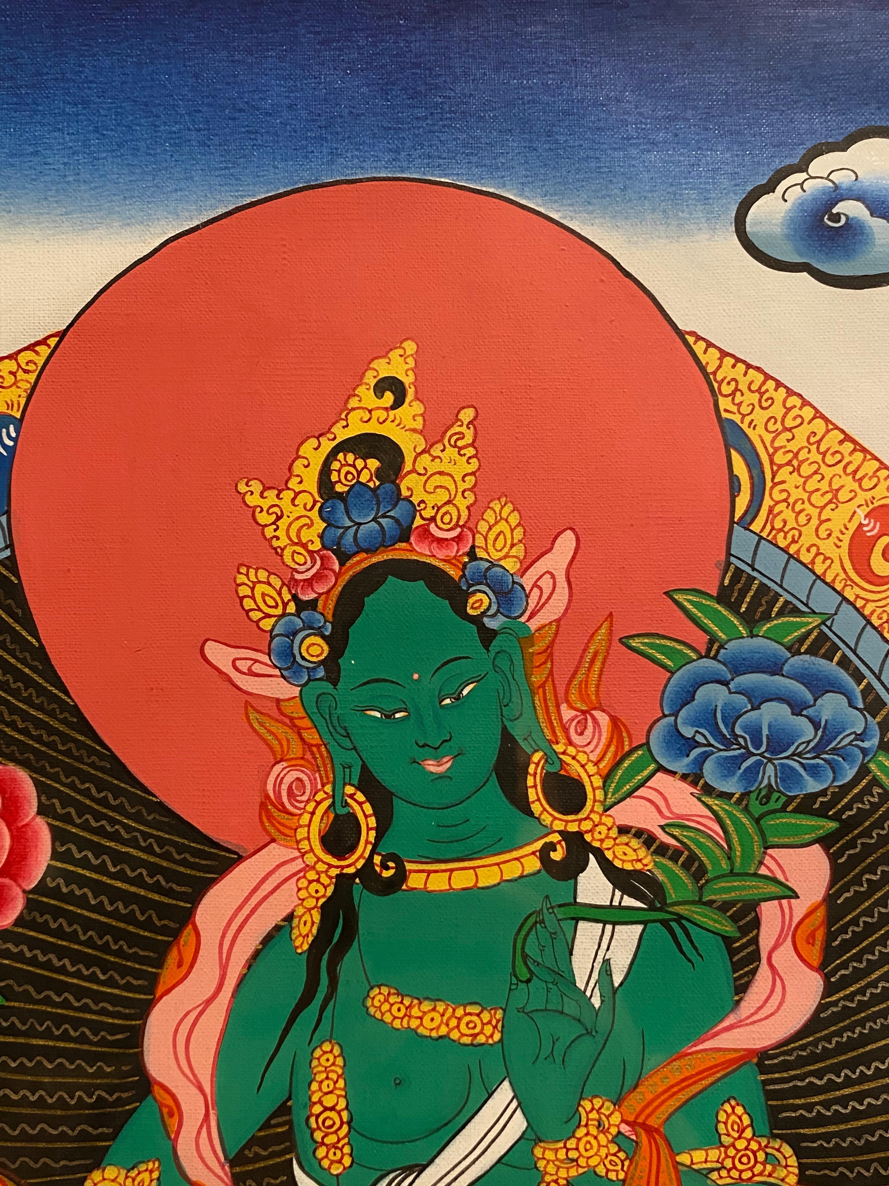 Thangka di Tara verde dipinto a mano e incorniciato su tela con oro 24 carati - Figurative Painting Beige di Unknown