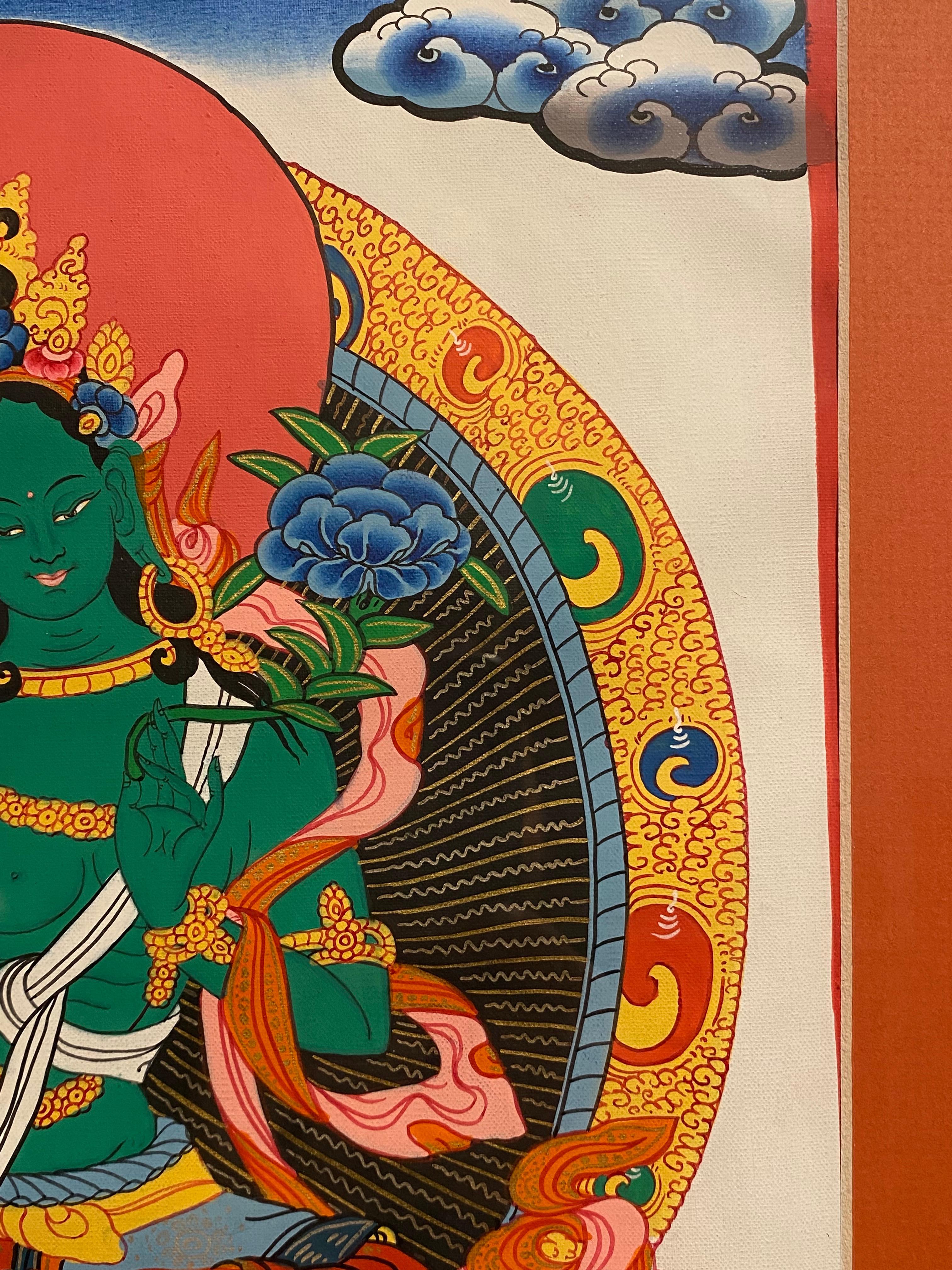 Thangka di Tara verde dipinto a mano e incorniciato su tela con oro 24 carati in vendita 1