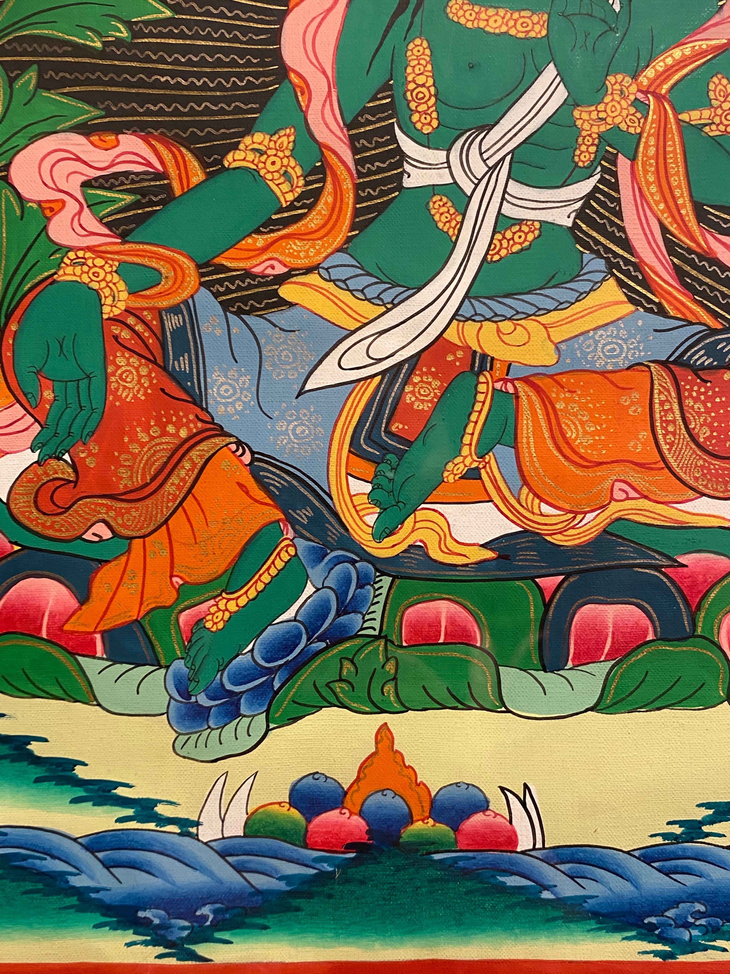 Thangka di Tara verde dipinto a mano e incorniciato su tela con oro 24 carati in vendita 3
