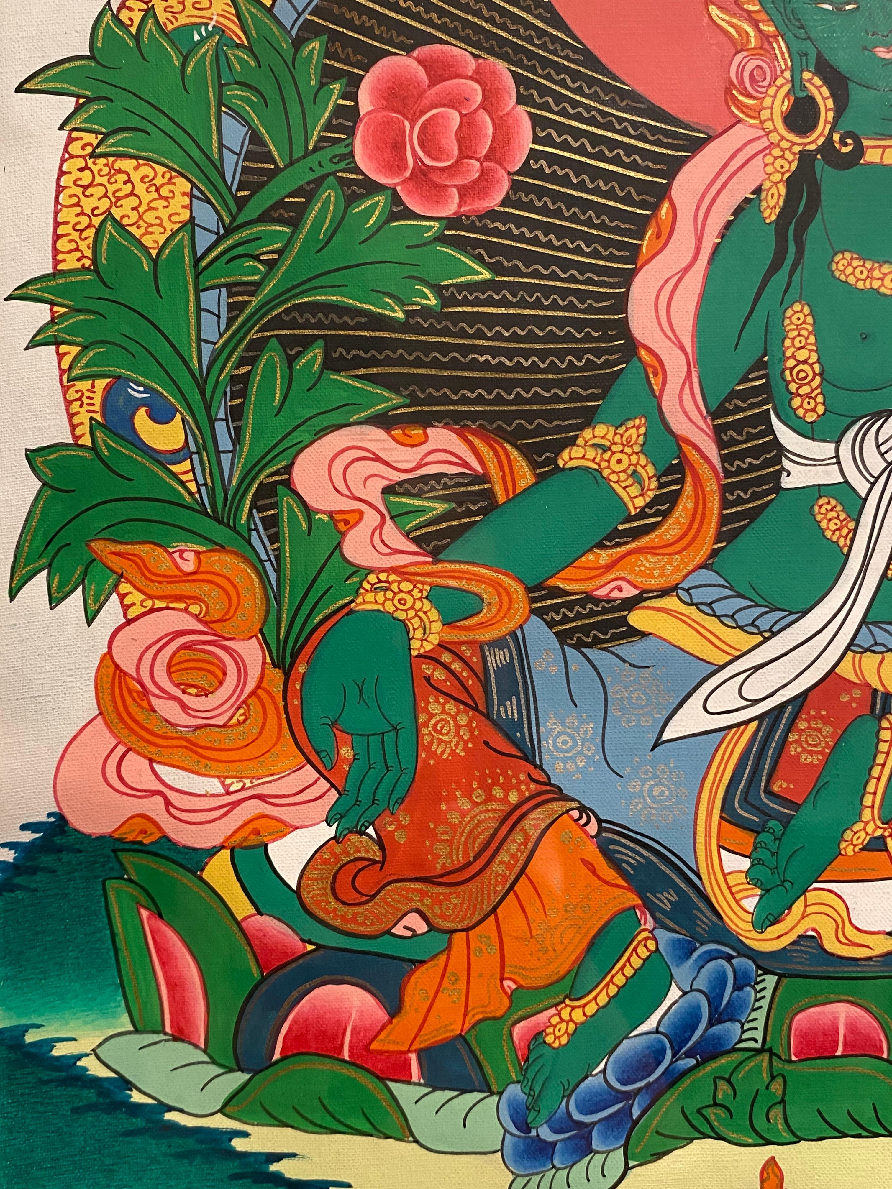 Thangka di Tara verde dipinto a mano e incorniciato su tela con oro 24 carati in vendita 4