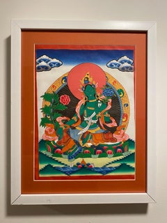Framed Hand Painted Green Tara Thangka on Canvas 24K Gold