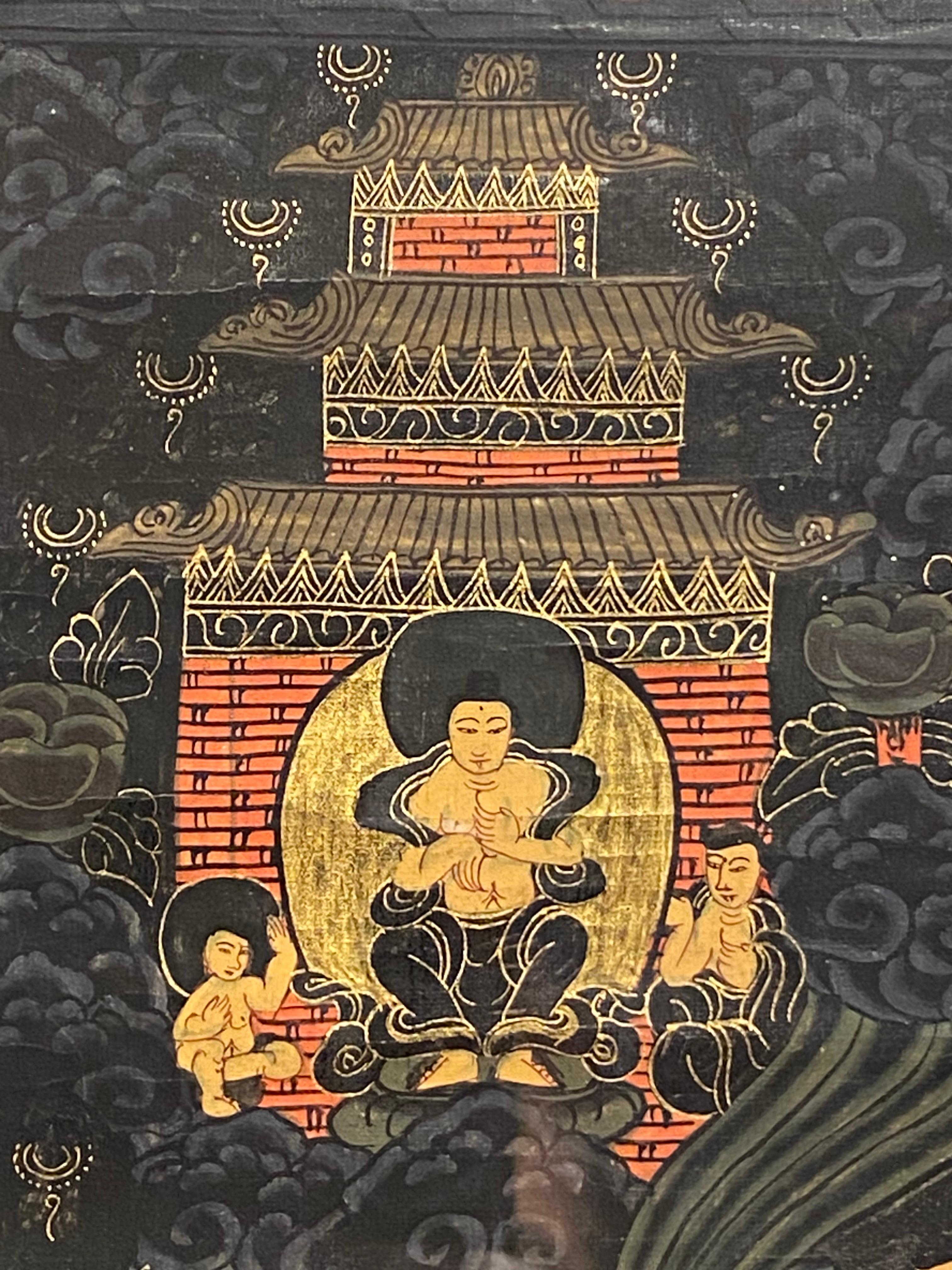 Gerahmte handbemalte Lebensgeschichte des Buddha Thangka auf Leinwand 24K Gold, Buddha Thangka im Angebot 5