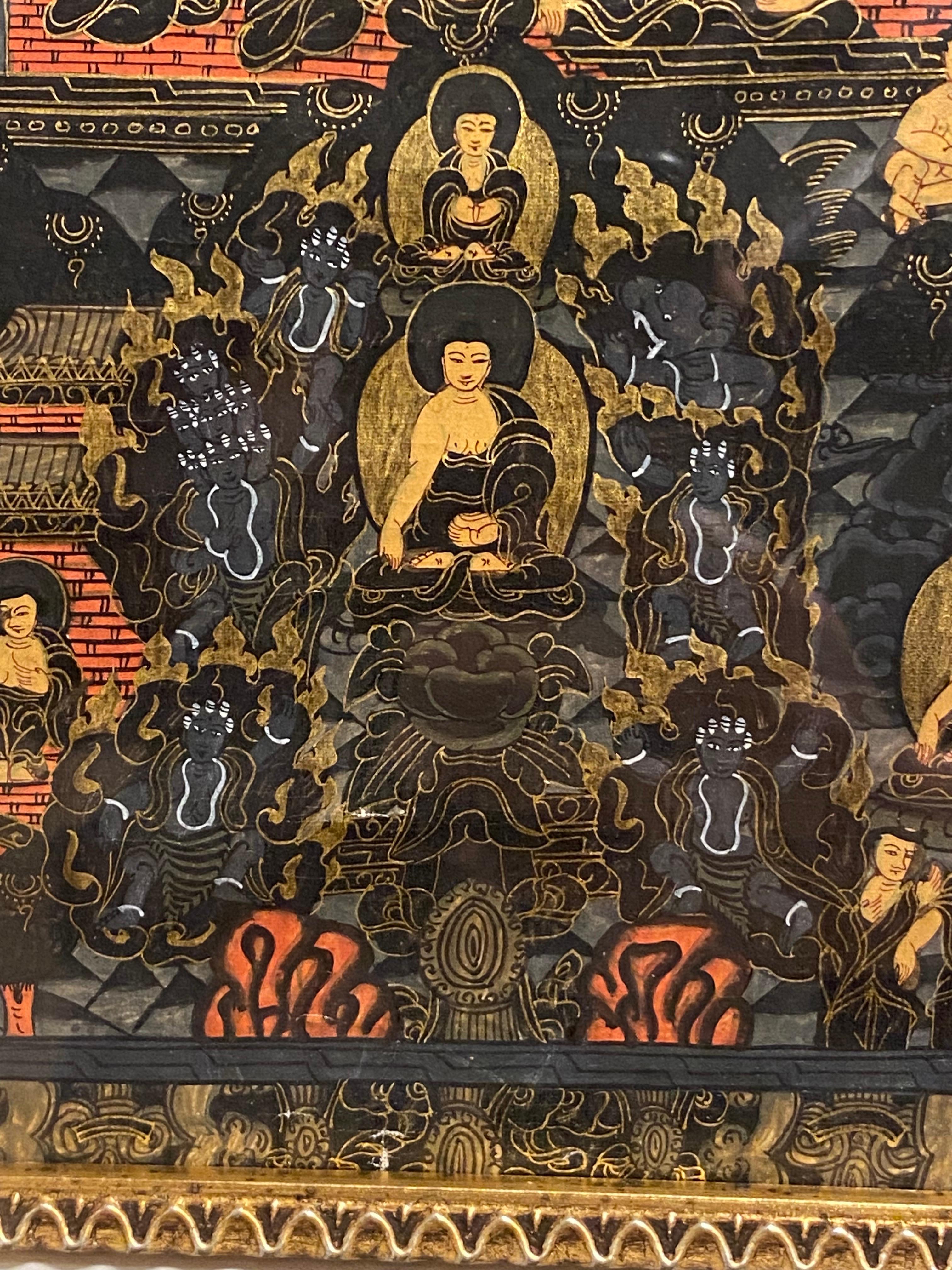 Gerahmte handbemalte Lebensgeschichte des Buddha Thangka auf Leinwand 24K Gold, Buddha Thangka im Angebot 6