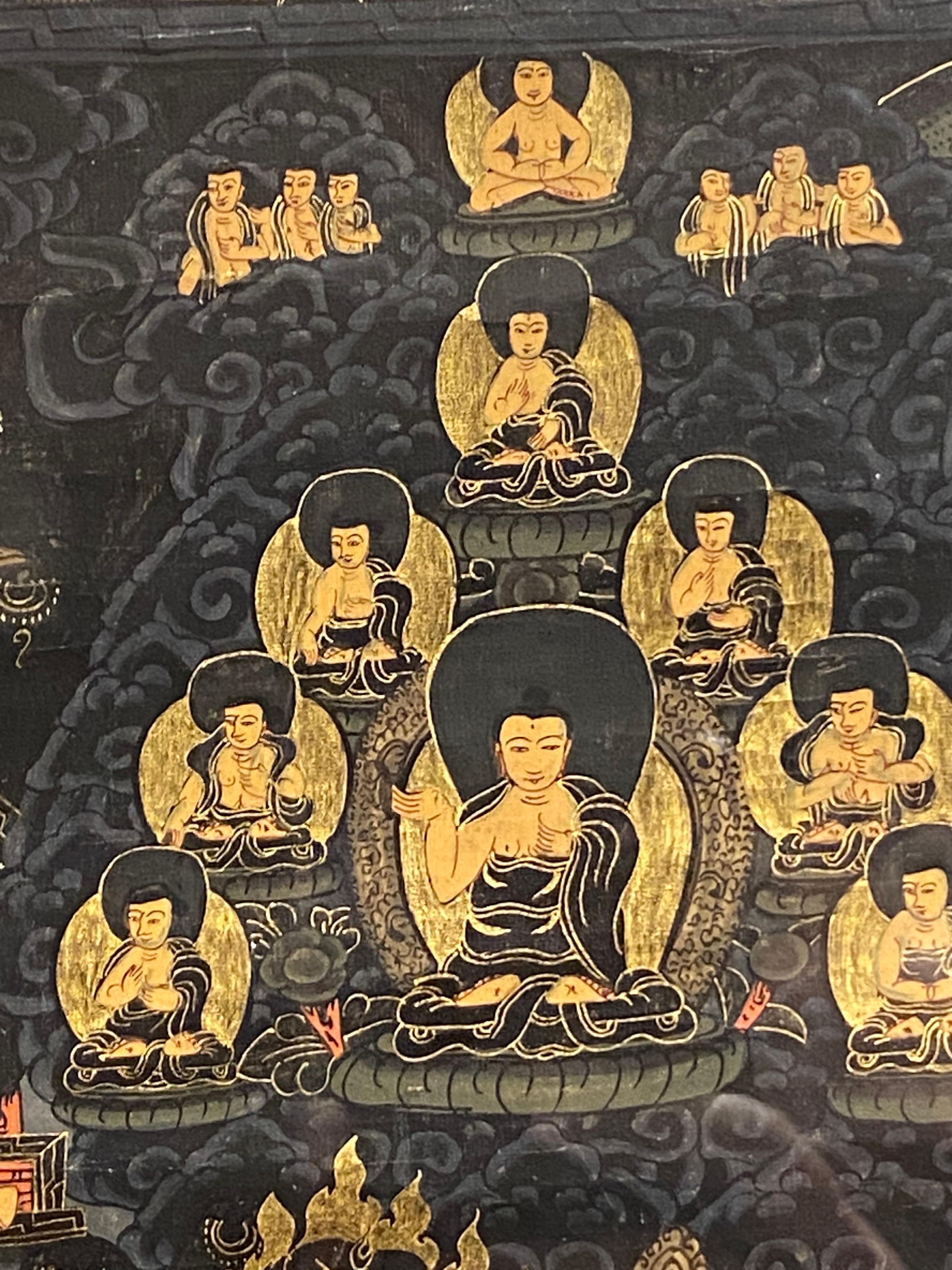 Gerahmte handbemalte Lebensgeschichte des Buddha Thangka auf Leinwand 24K Gold, Buddha Thangka im Angebot 9