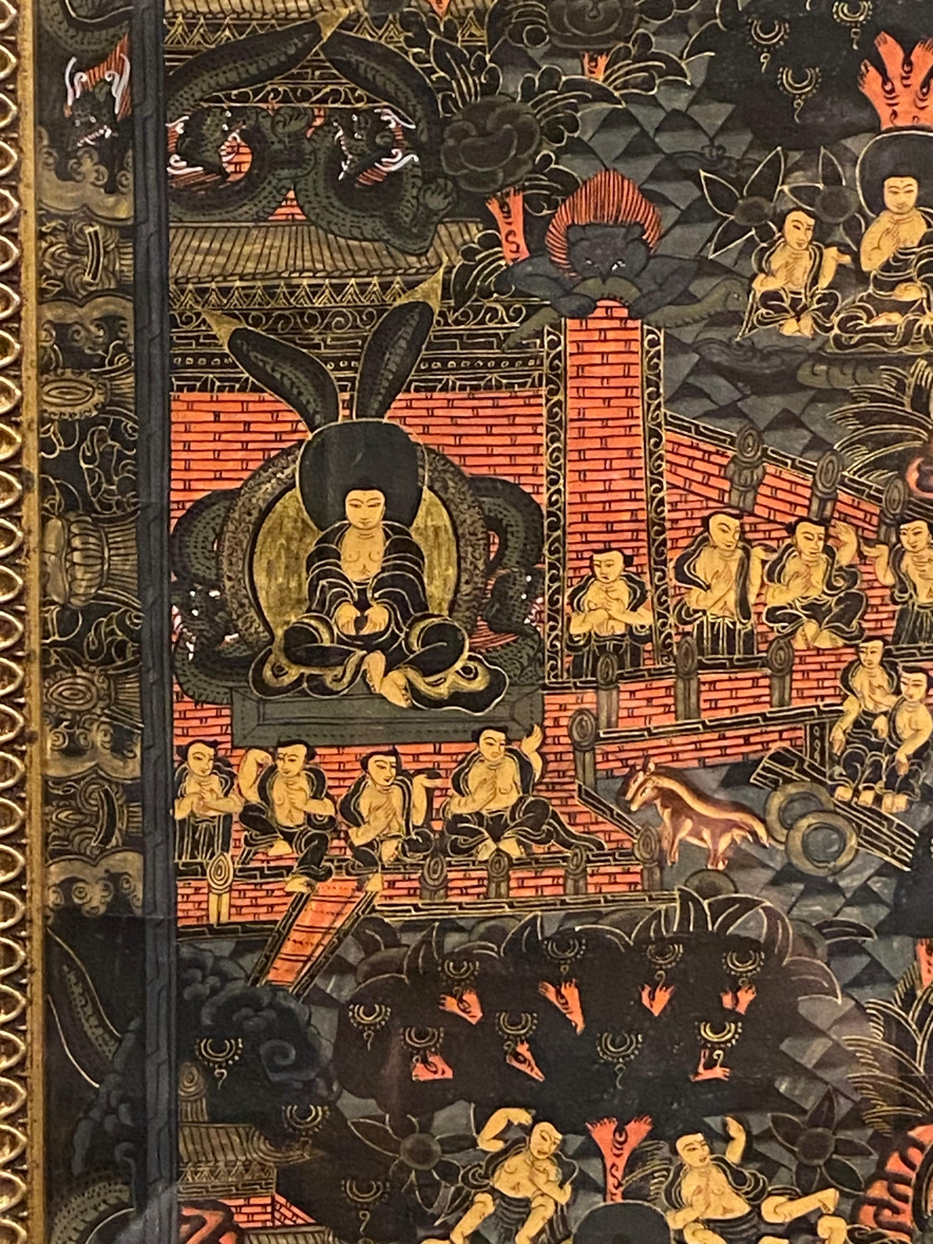 Gerahmte handbemalte Lebensgeschichte des Buddha Thangka auf Leinwand 24K Gold, Buddha Thangka im Angebot 10