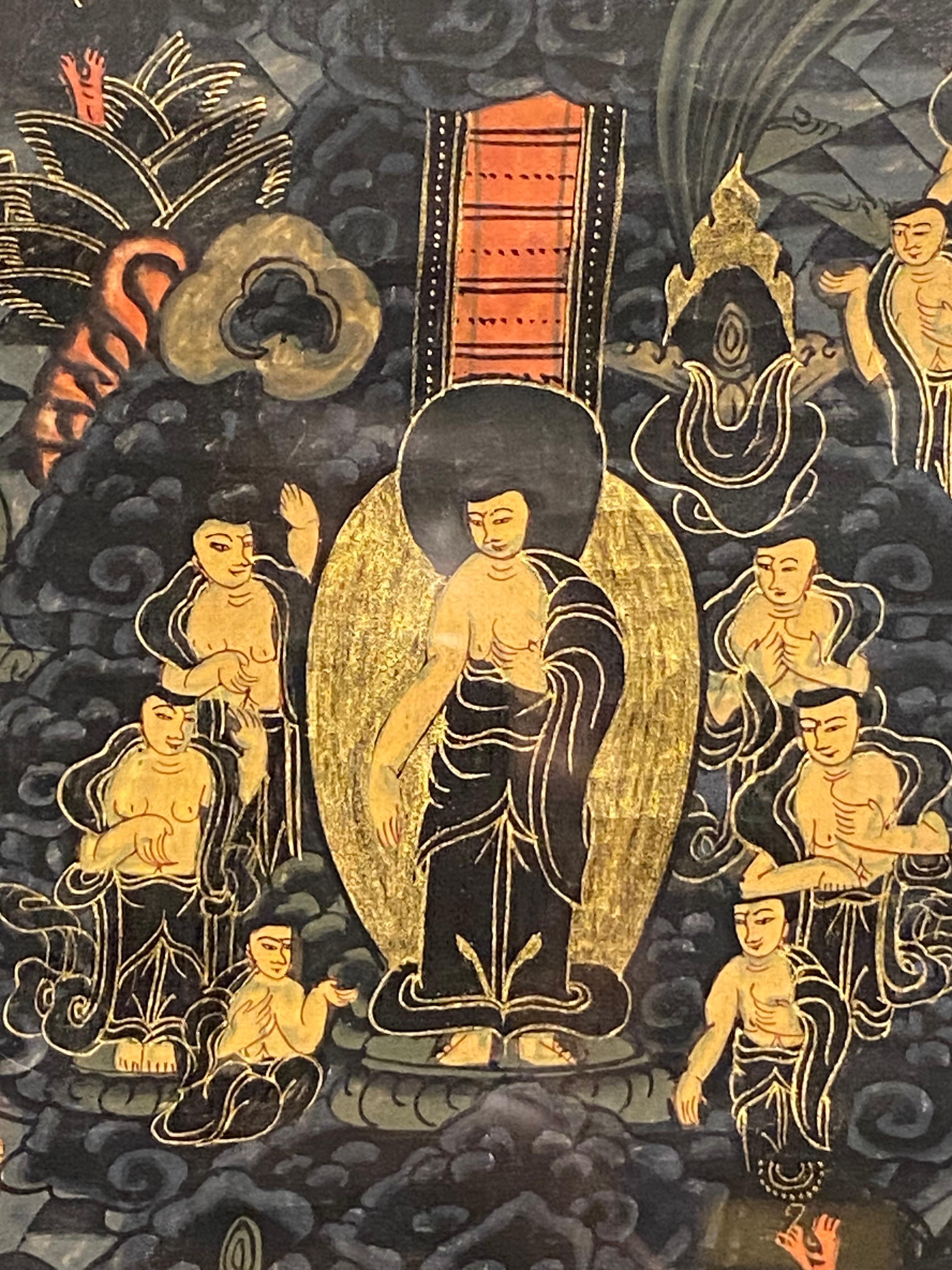 Gerahmte handbemalte Lebensgeschichte des Buddha Thangka auf Leinwand 24K Gold, Buddha Thangka im Angebot 11