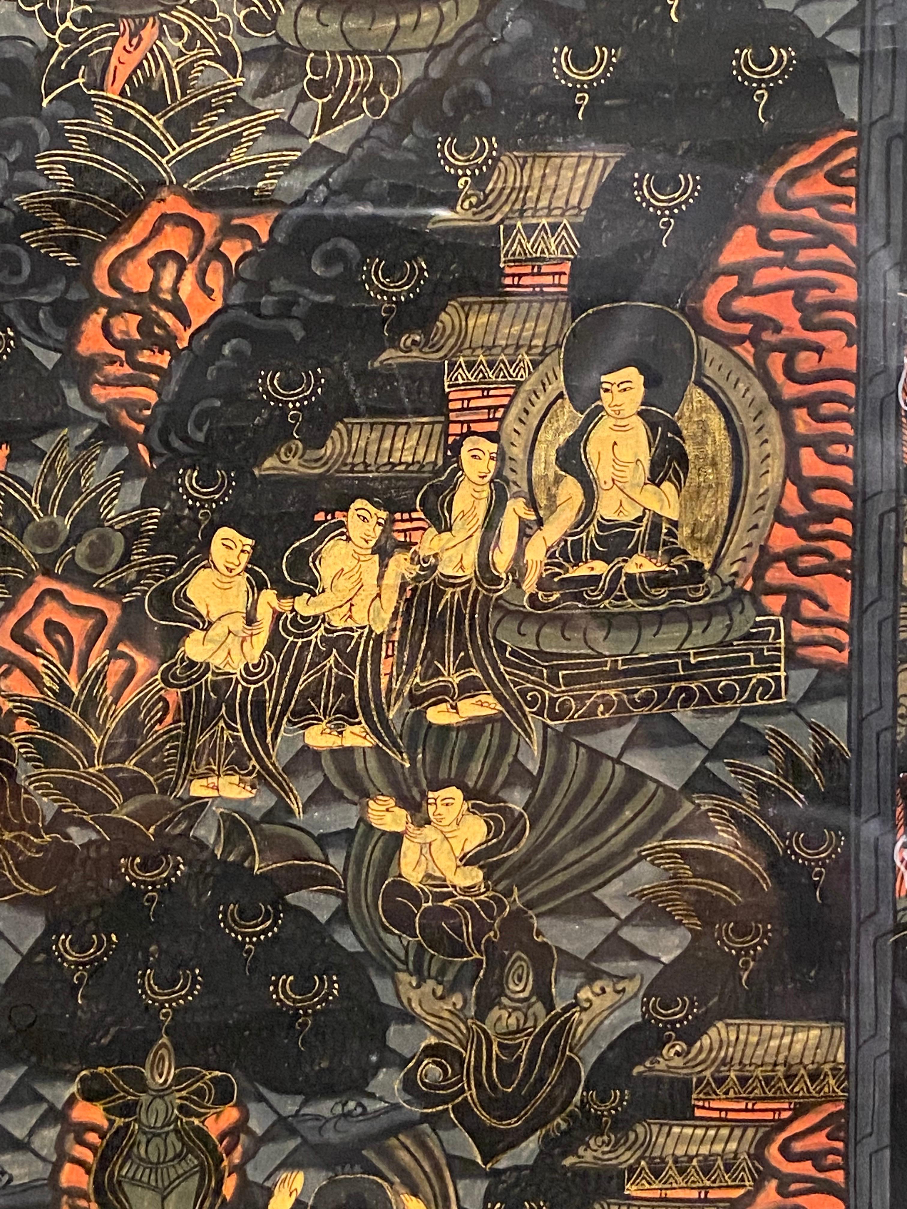 Gerahmte handbemalte Lebensgeschichte des Buddha Thangka auf Leinwand 24K Gold, Buddha Thangka im Angebot 12