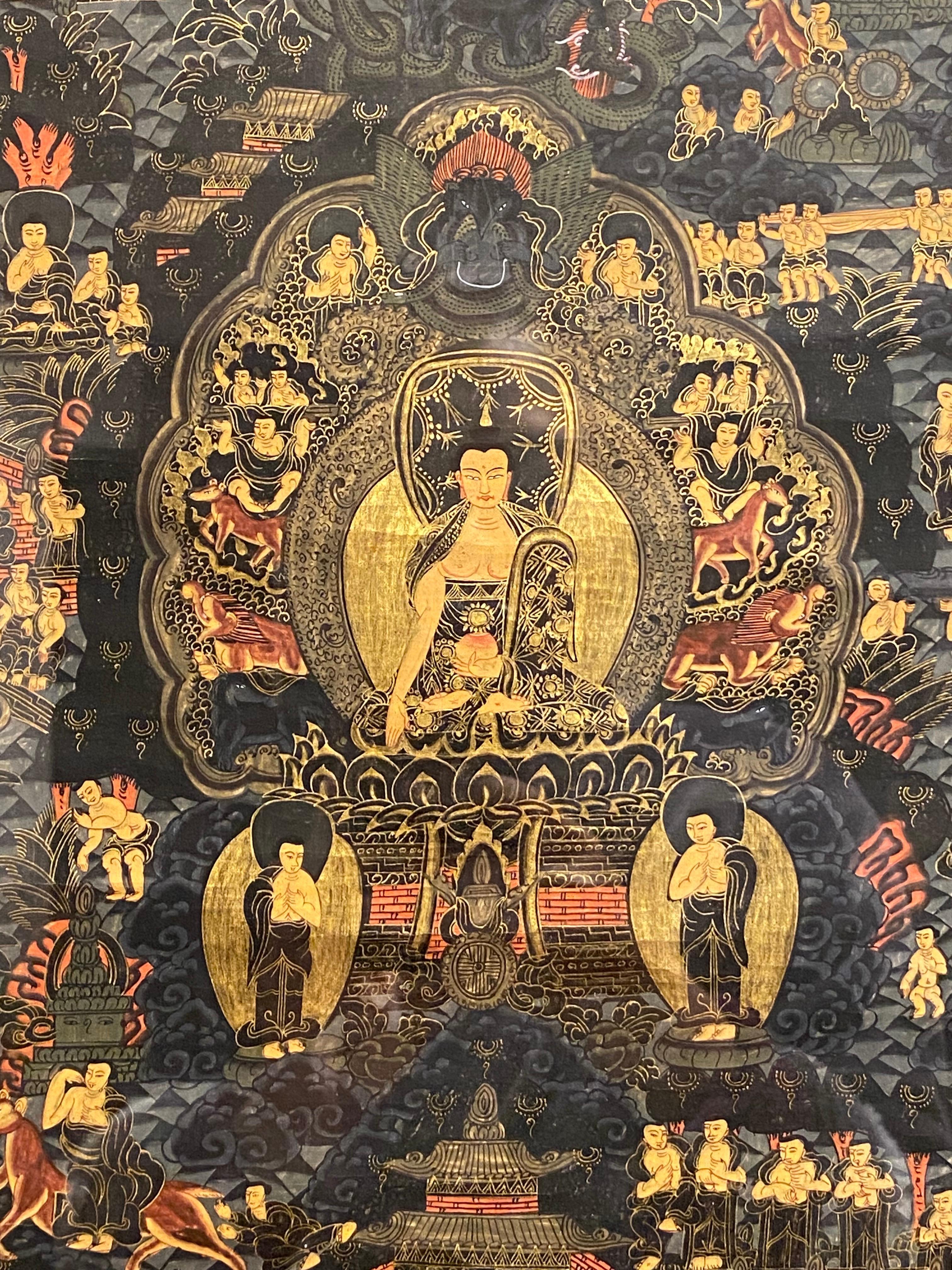 Gerahmte handbemalte Lebensgeschichte des Buddha Thangka auf Leinwand 24K Gold, Buddha Thangka – Painting von Unknown