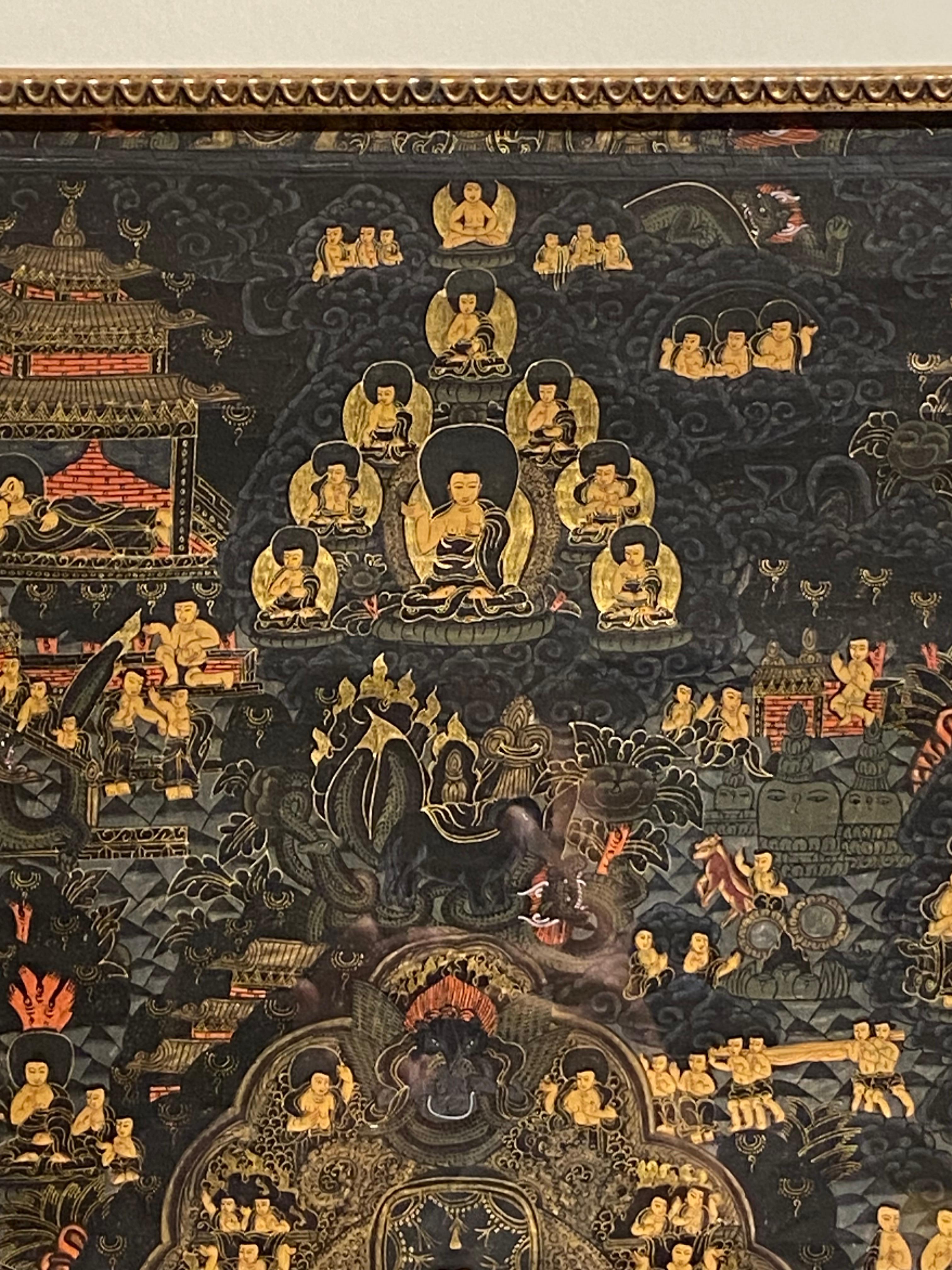 Gerahmte handbemalte Lebensgeschichte des Buddha Thangka auf Leinwand 24K Gold, Buddha Thangka (Sonstige Kunststile), Painting, von Unknown