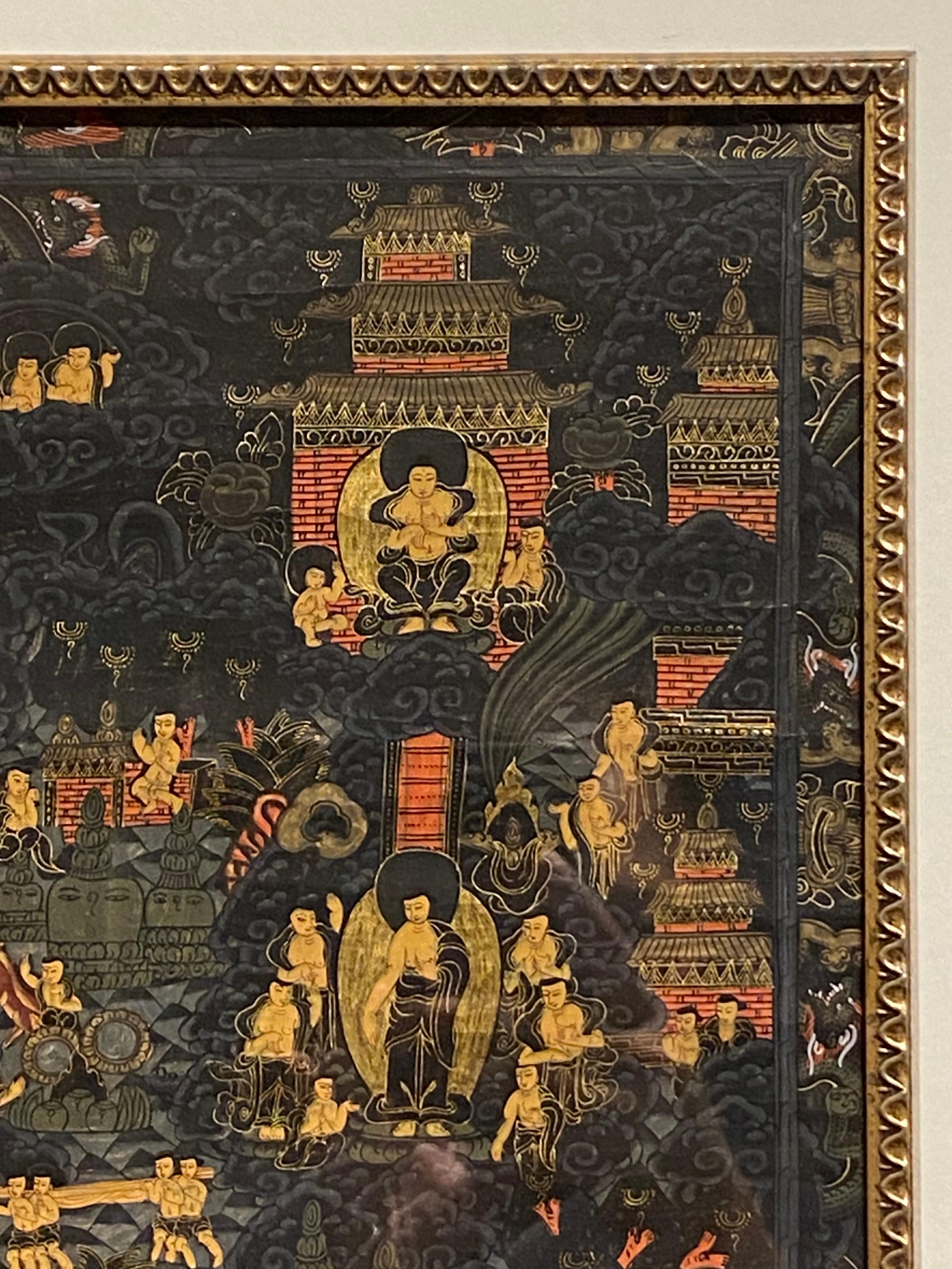 Gerahmte handbemalte Lebensgeschichte des Buddha Thangka auf Leinwand 24K Gold, Buddha Thangka (Braun), Figurative Painting, von Unknown