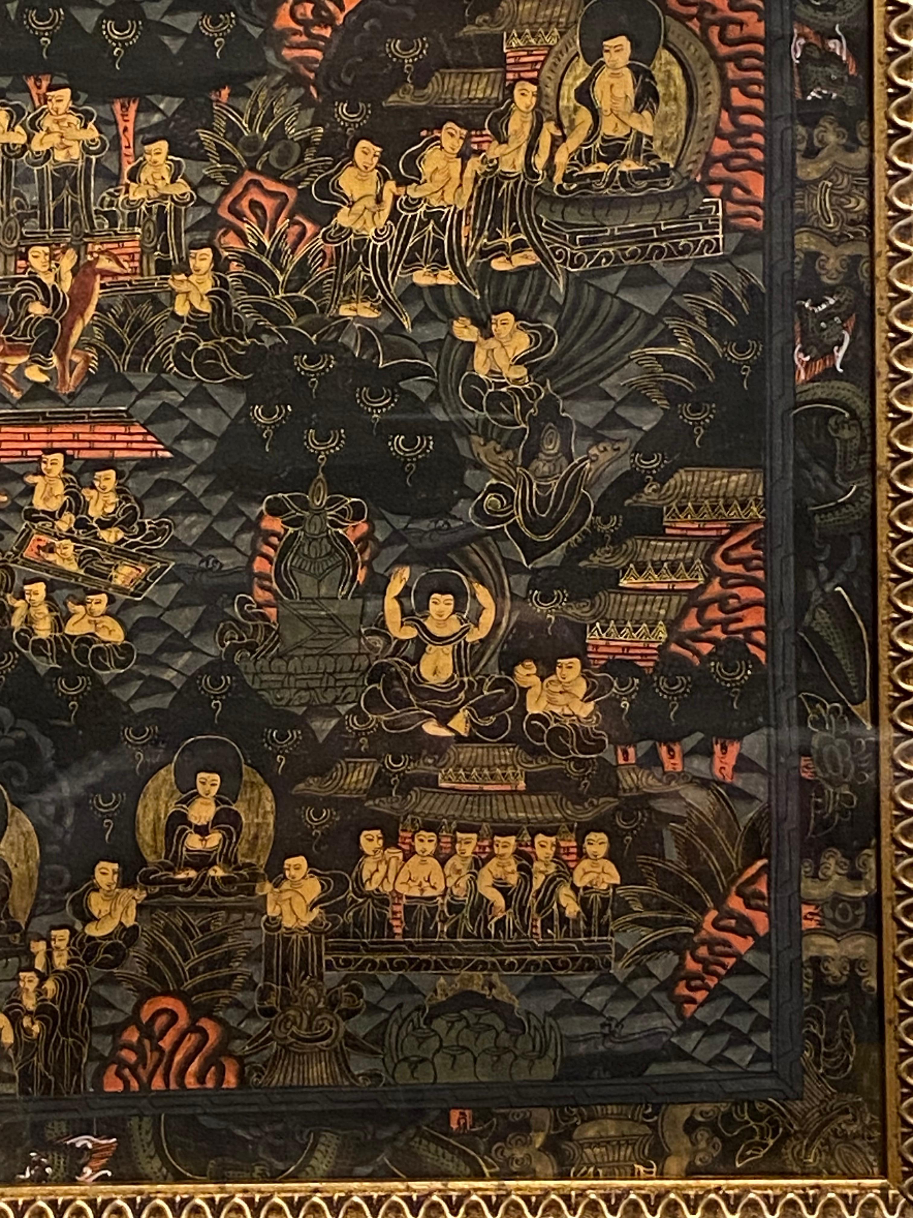 Gerahmte handbemalte Lebensgeschichte des Buddha Thangka auf Leinwand 24K Gold, Buddha Thangka im Angebot 1
