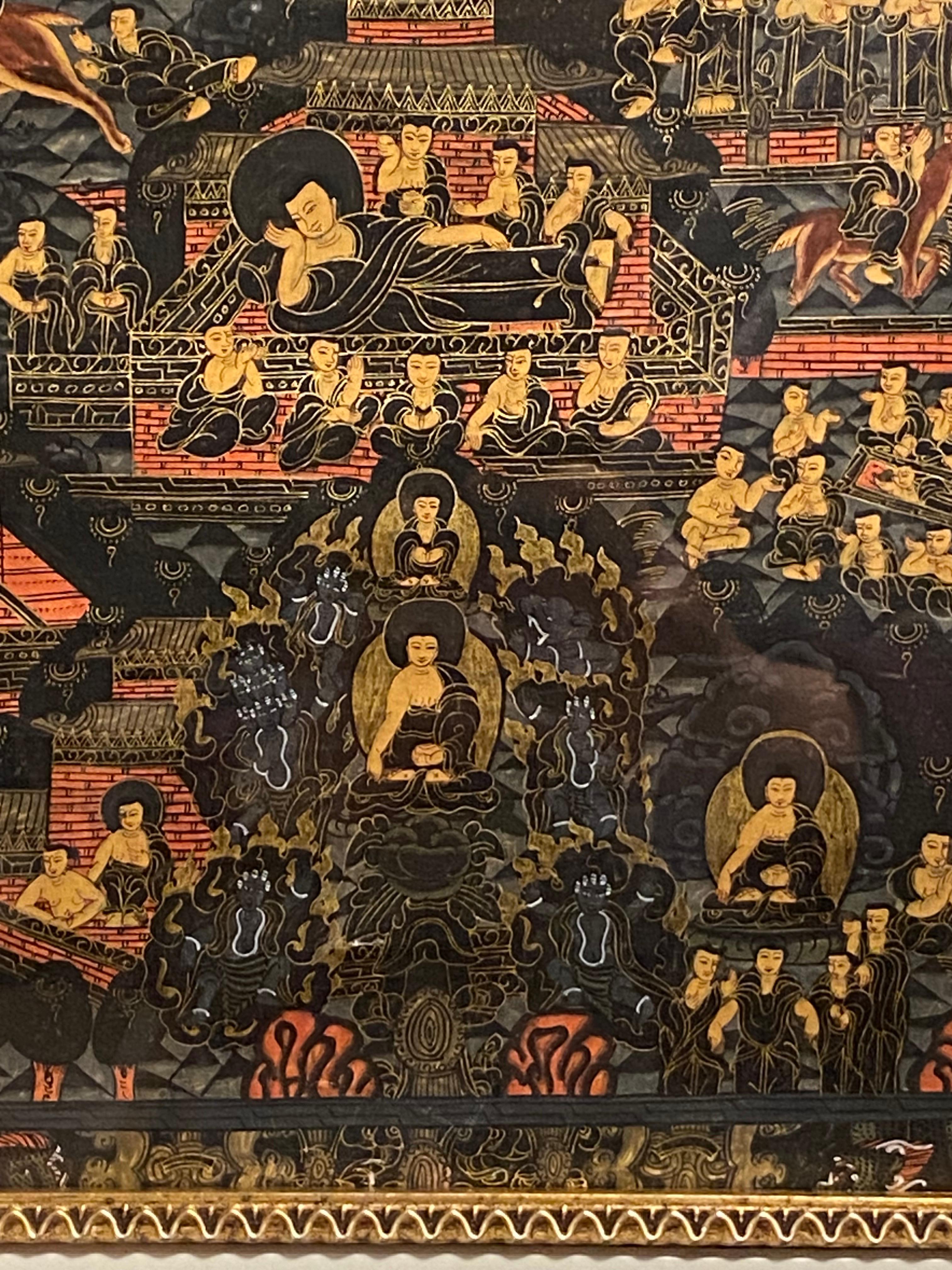 Gerahmte handbemalte Lebensgeschichte des Buddha Thangka auf Leinwand 24K Gold, Buddha Thangka im Angebot 2