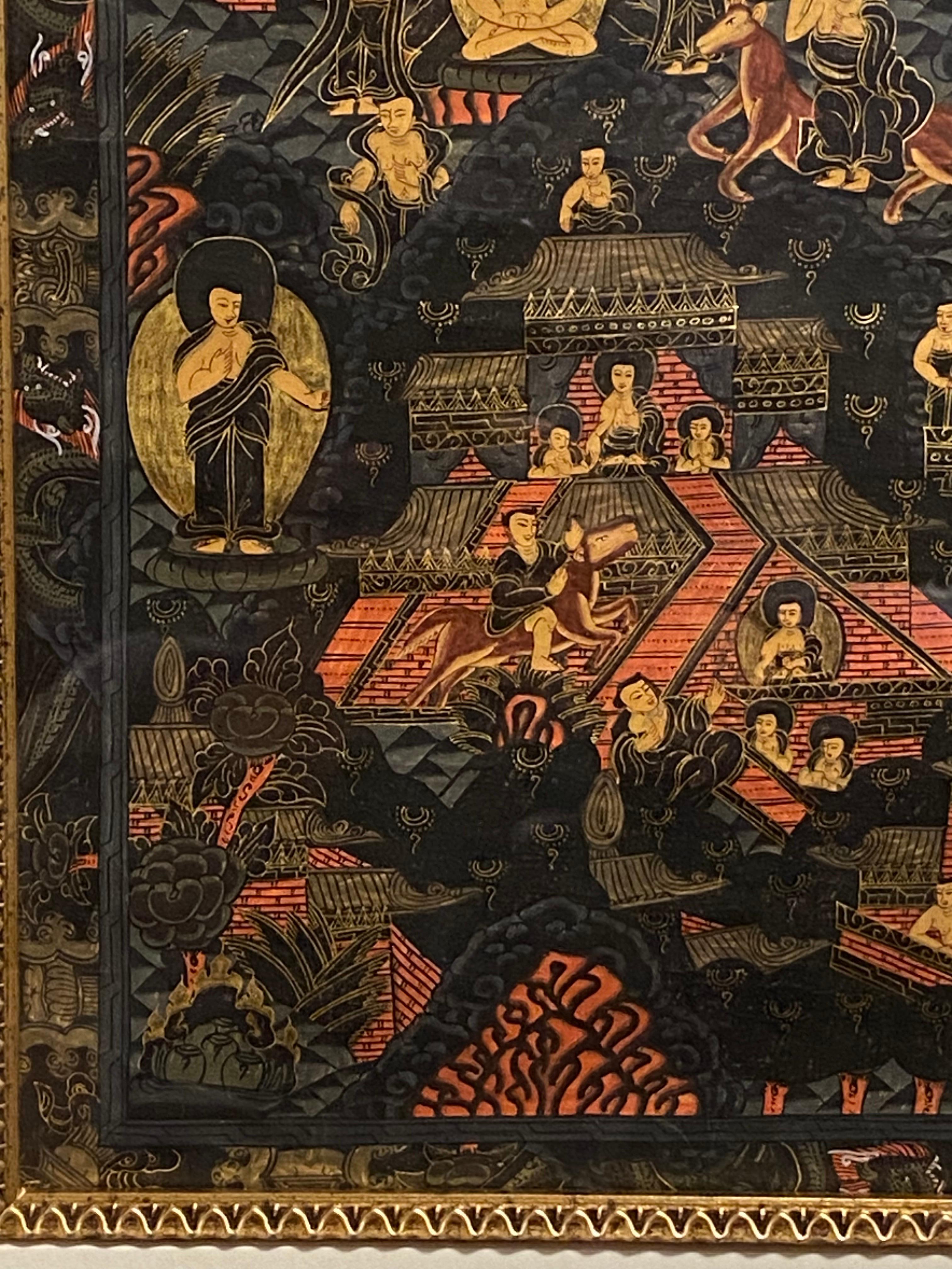 Gerahmte handbemalte Lebensgeschichte des Buddha Thangka auf Leinwand 24K Gold, Buddha Thangka im Angebot 4