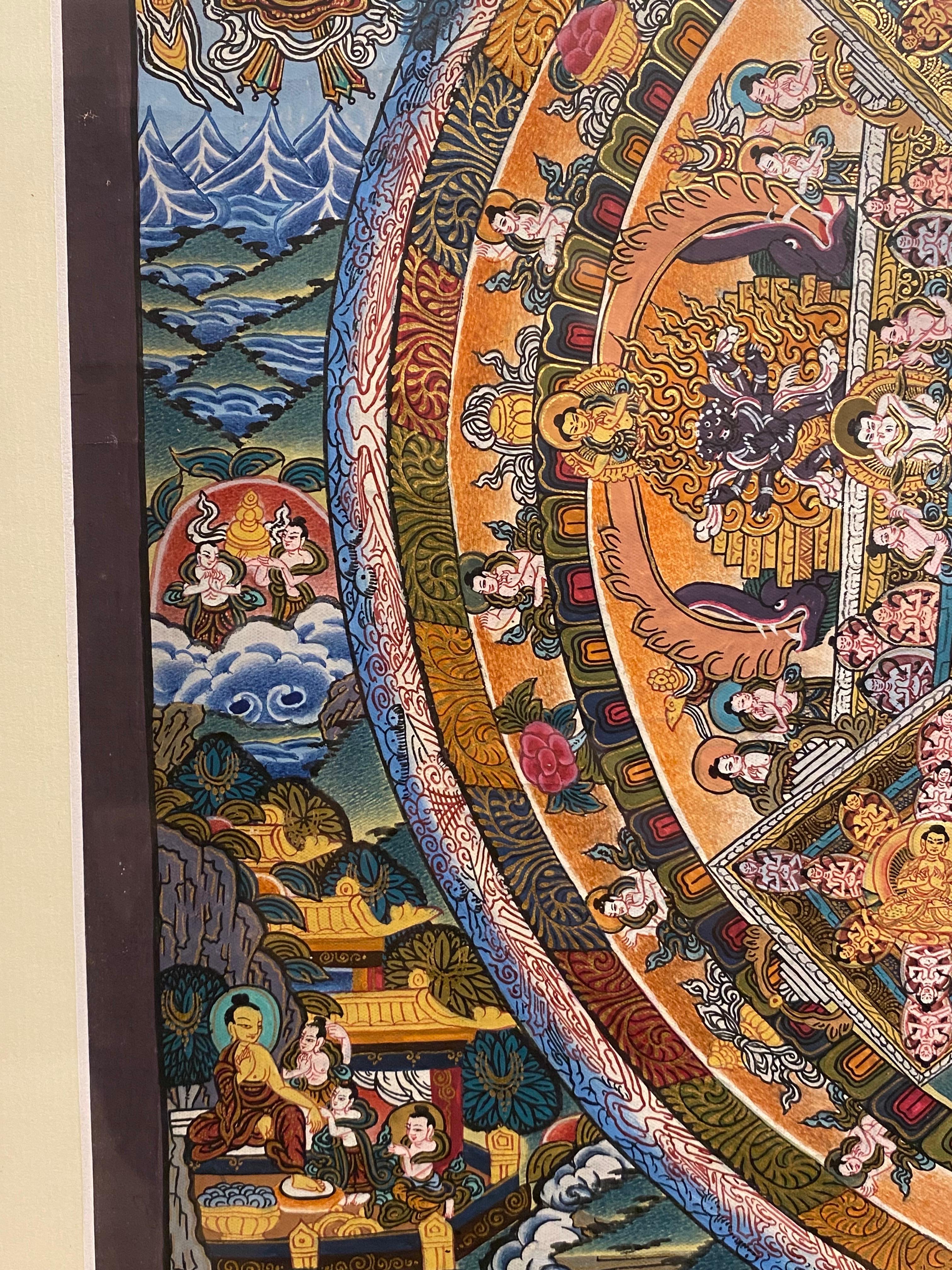 Mandala Thangka sobre lienzo pintado a mano y enmarcado con oro de 24 quilates en venta 5