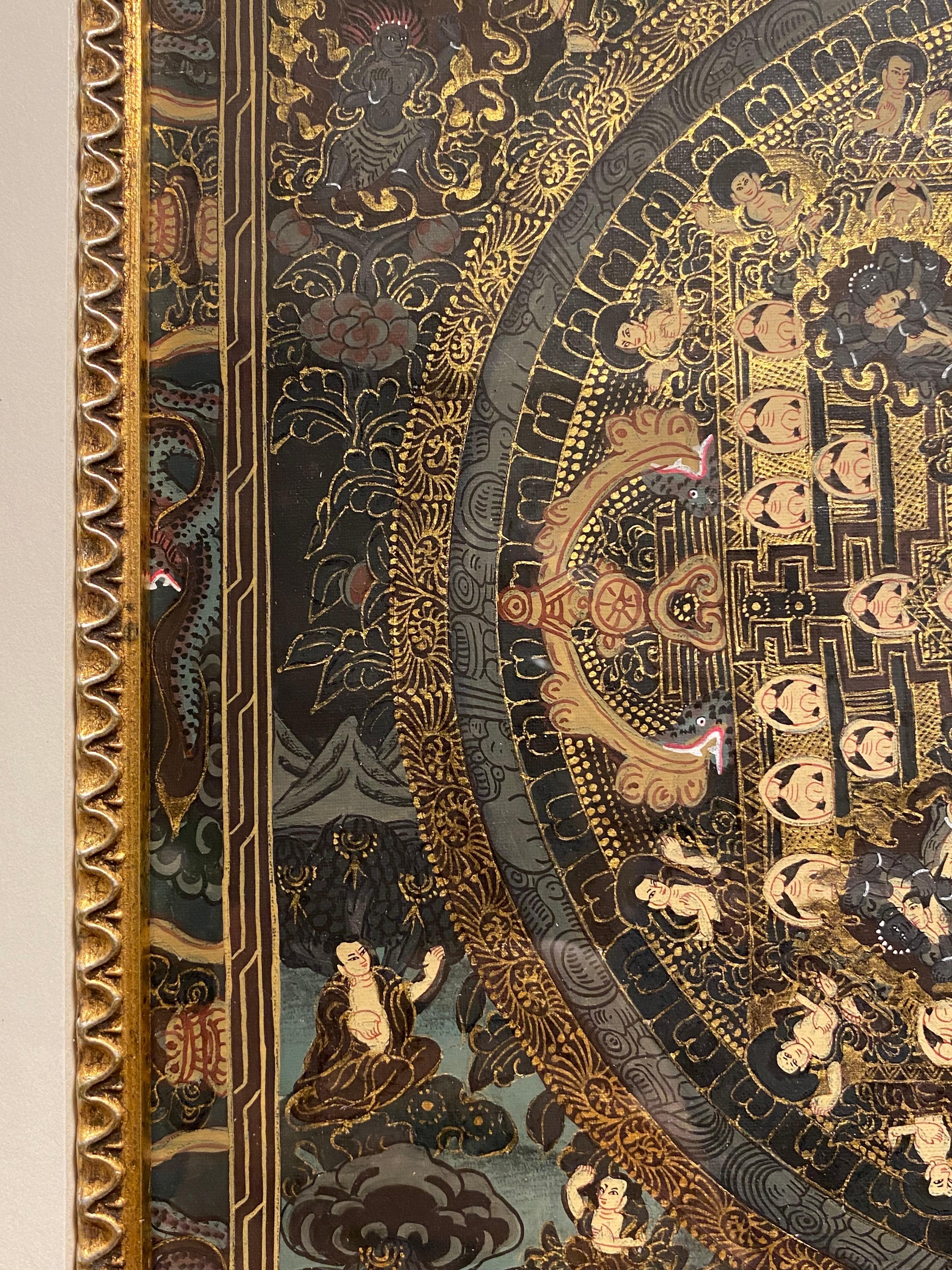 Mandala Thangka su tela dipinto a mano e incorniciato con oro 24 carati in vendita 5