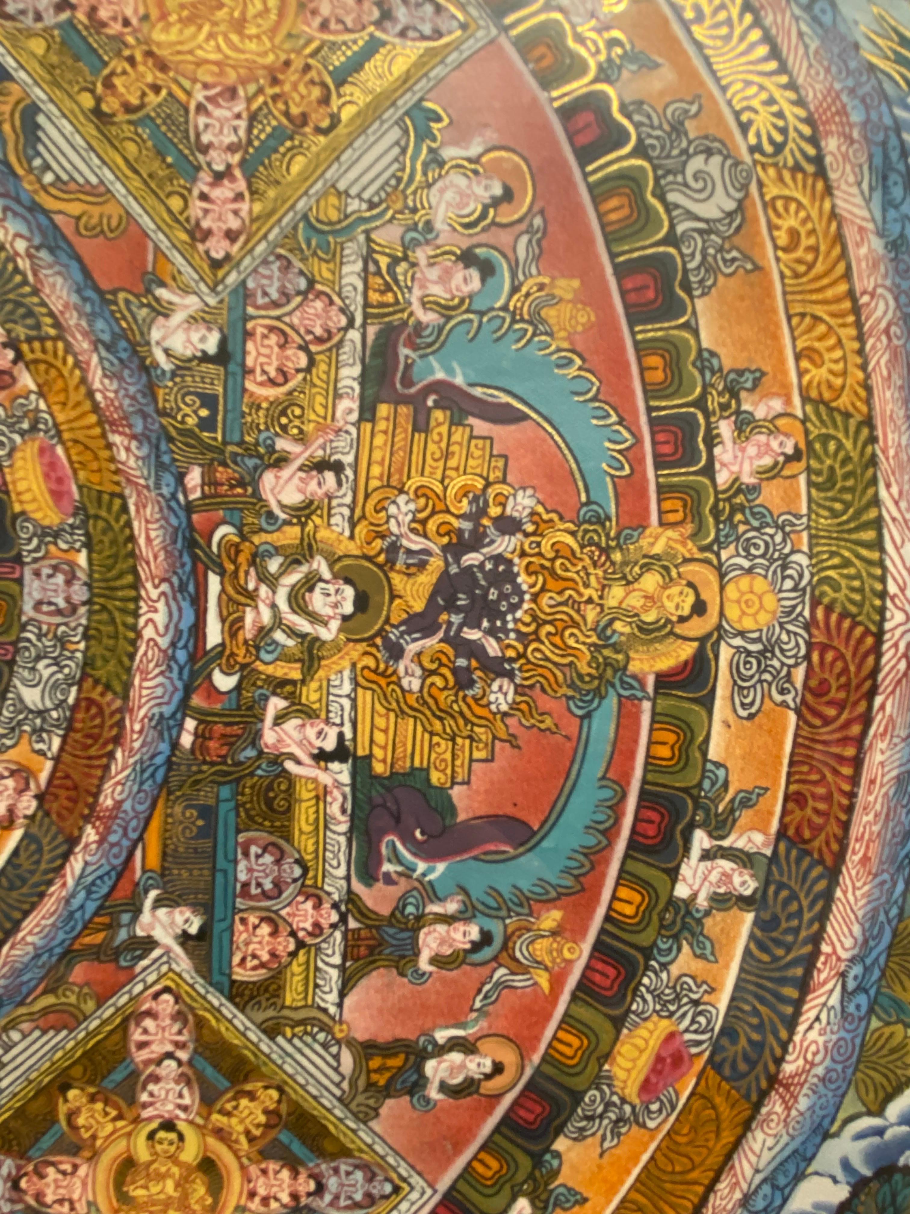 Mandala Thangka sobre lienzo pintado a mano y enmarcado con oro de 24 quilates en venta 7