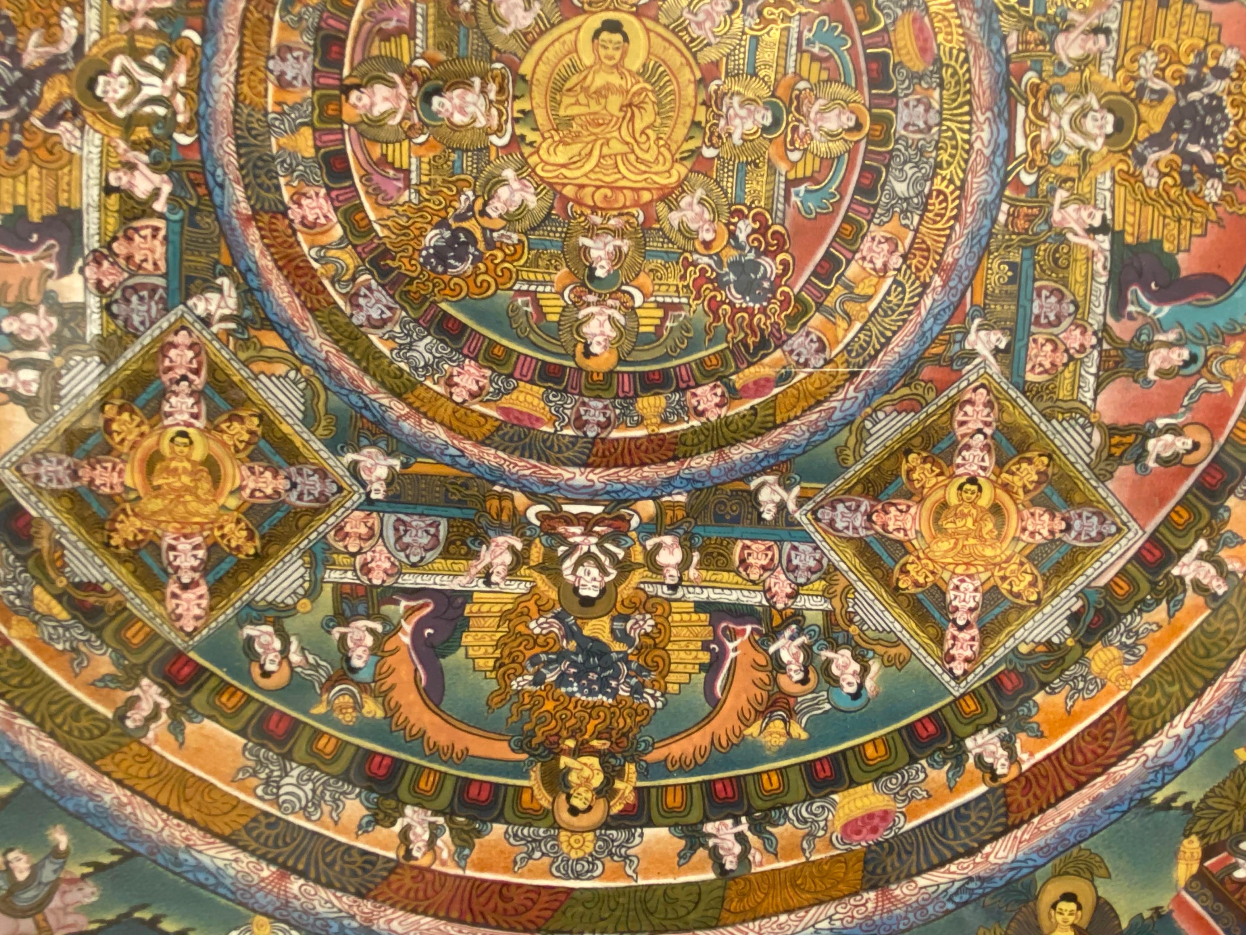 Mandala Thangka sobre lienzo pintado a mano y enmarcado con oro de 24 quilates en venta 9