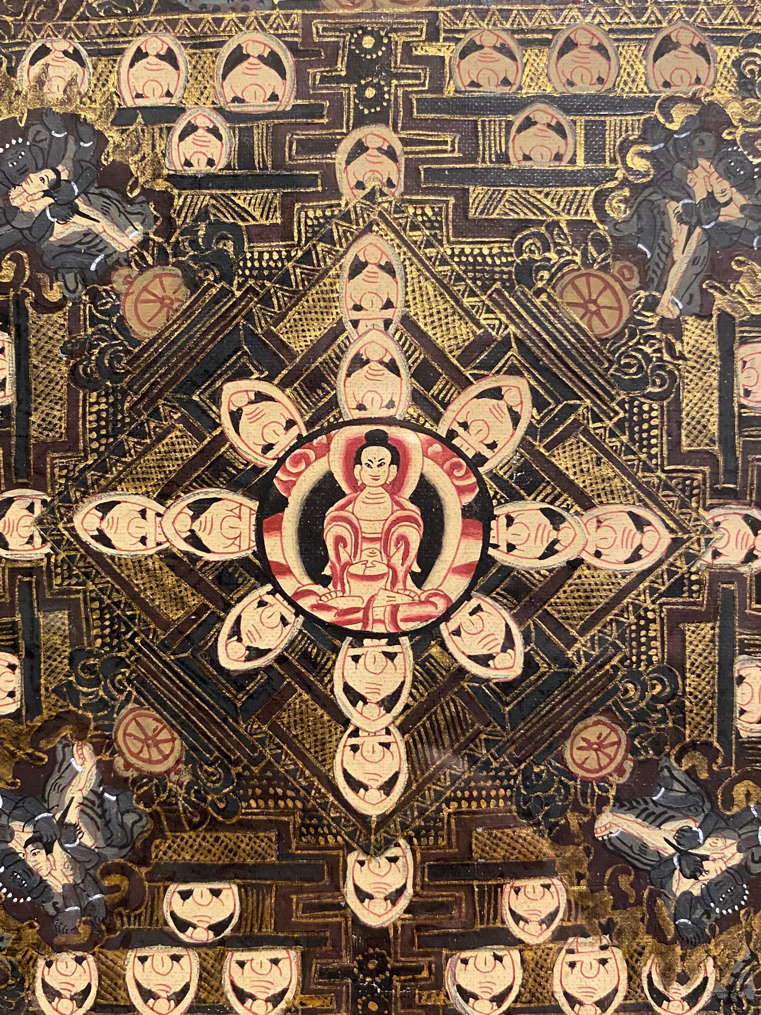 Mandala Thangka su tela dipinto a mano e incorniciato con oro 24 carati in vendita 9