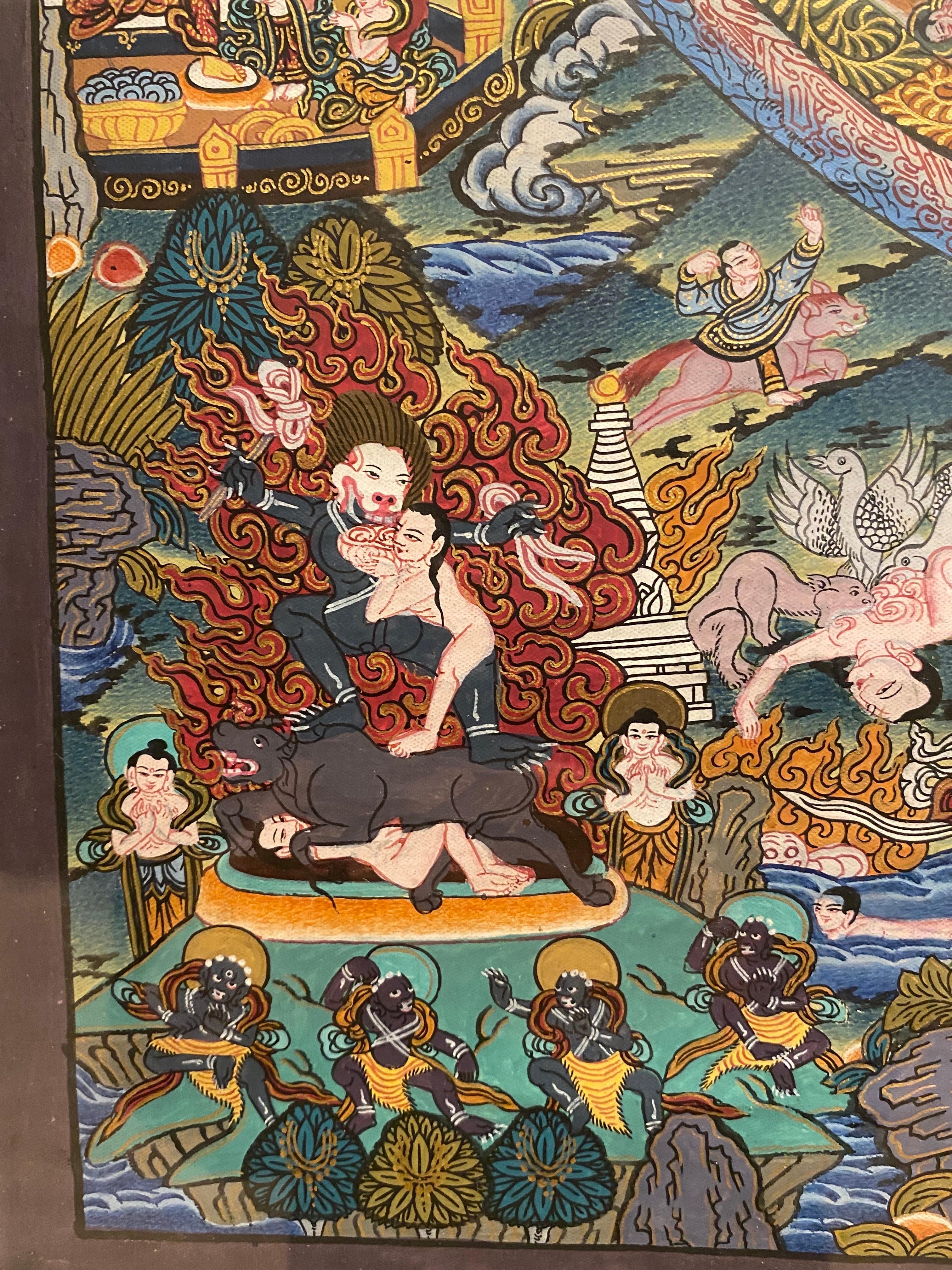 Mandala Thangka sobre lienzo pintado a mano y enmarcado con oro de 24 quilates en venta 14