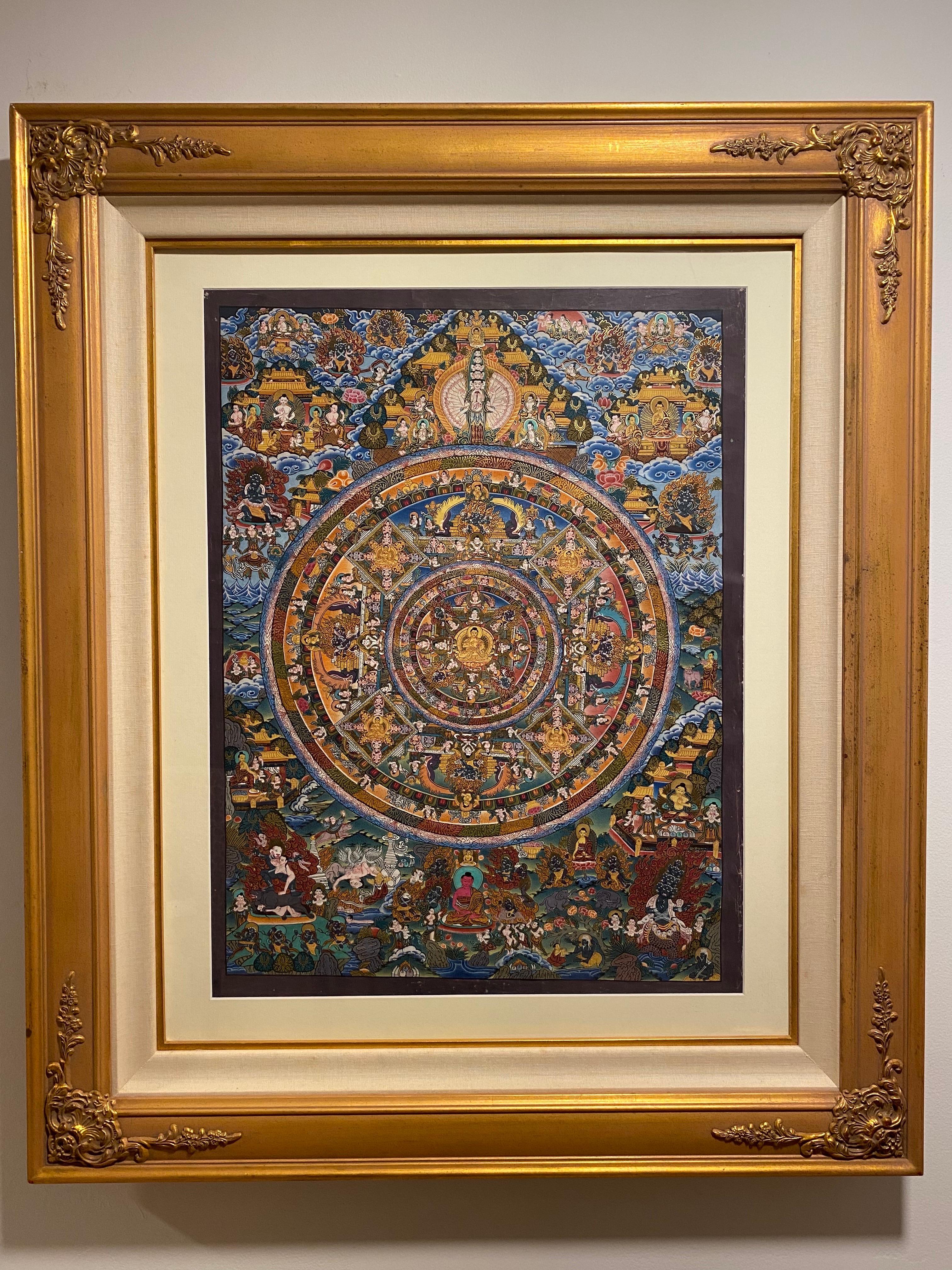 Mandala Thangka sobre lienzo pintado a mano y enmarcado con oro de 24 quilates - Painting de Unknown