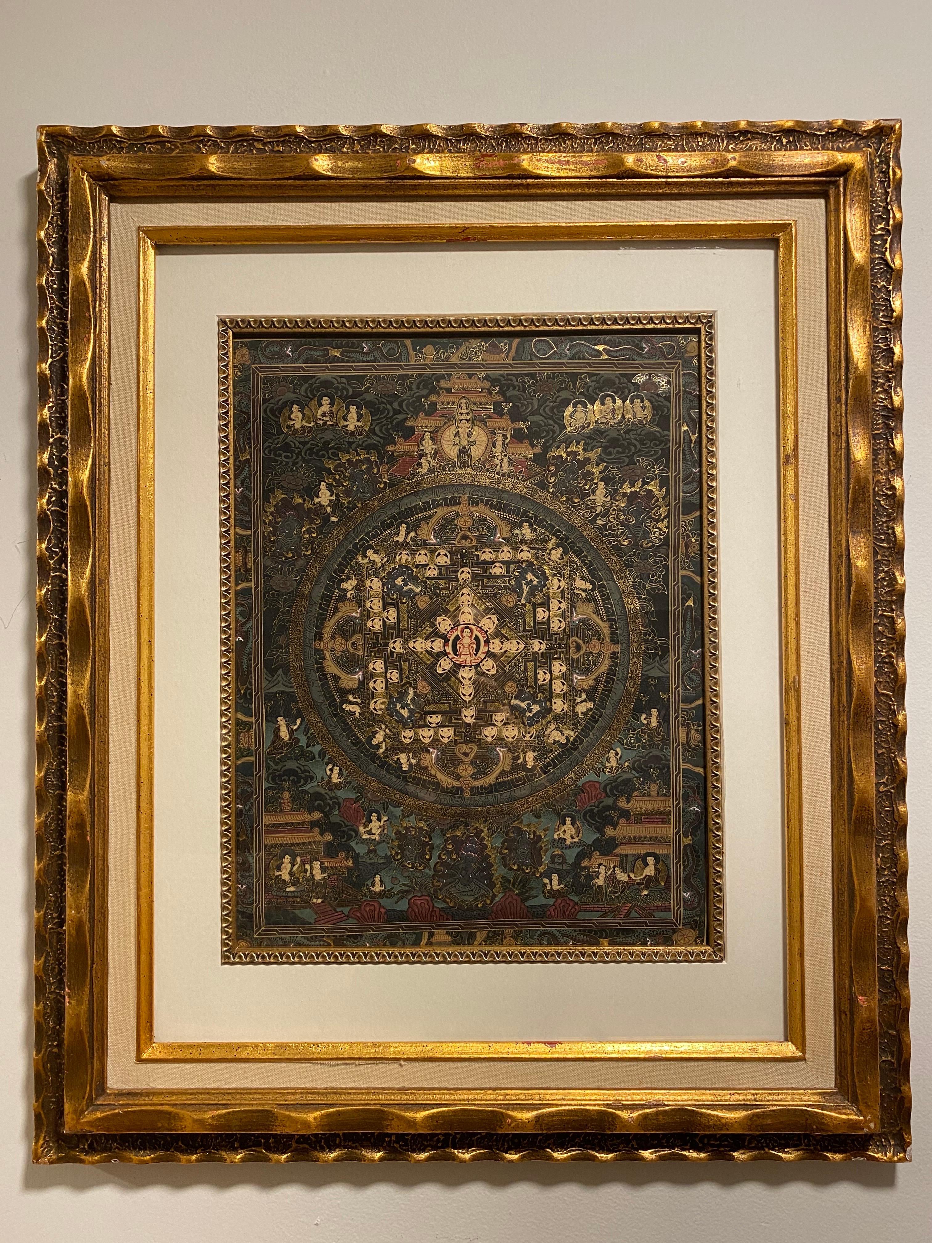 Mandala Thangka su tela dipinto a mano e incorniciato con oro 24 carati - Painting di Unknown