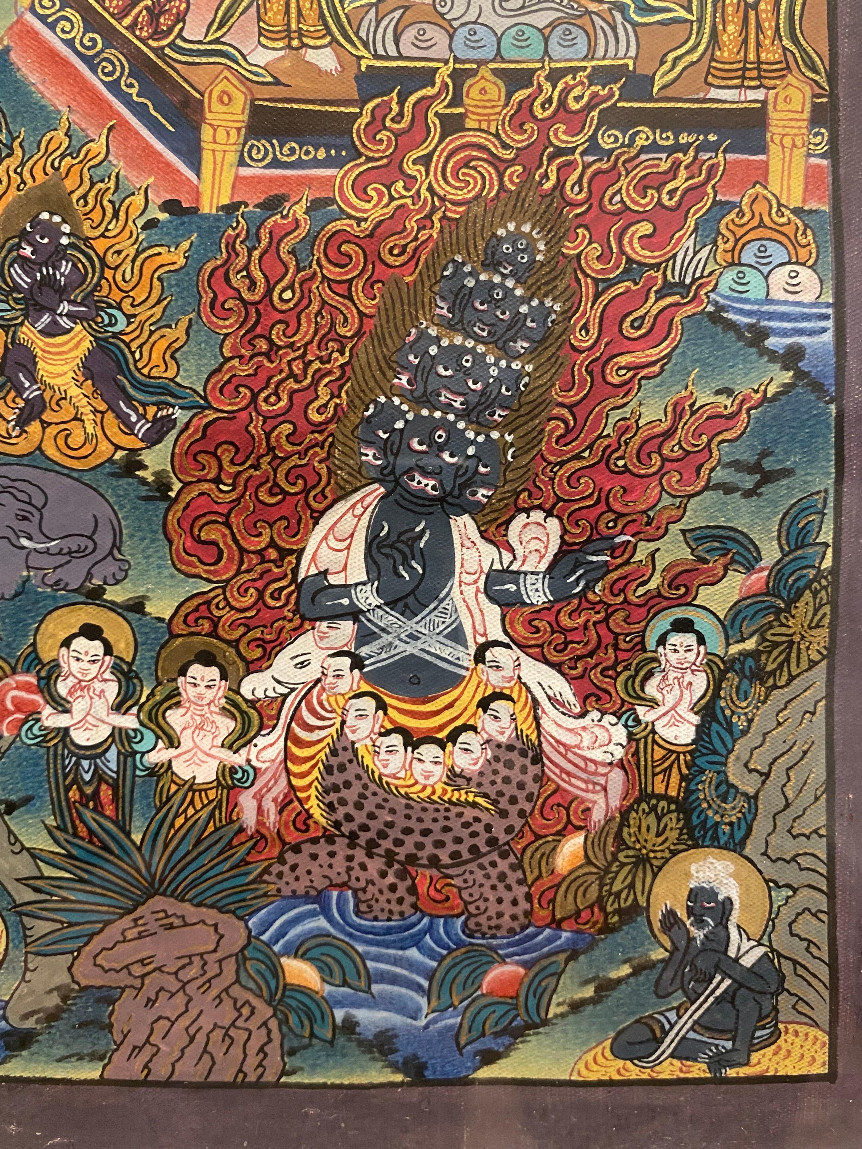 Mandala Thangka sobre lienzo pintado a mano y enmarcado con oro de 24 quilates en venta 15