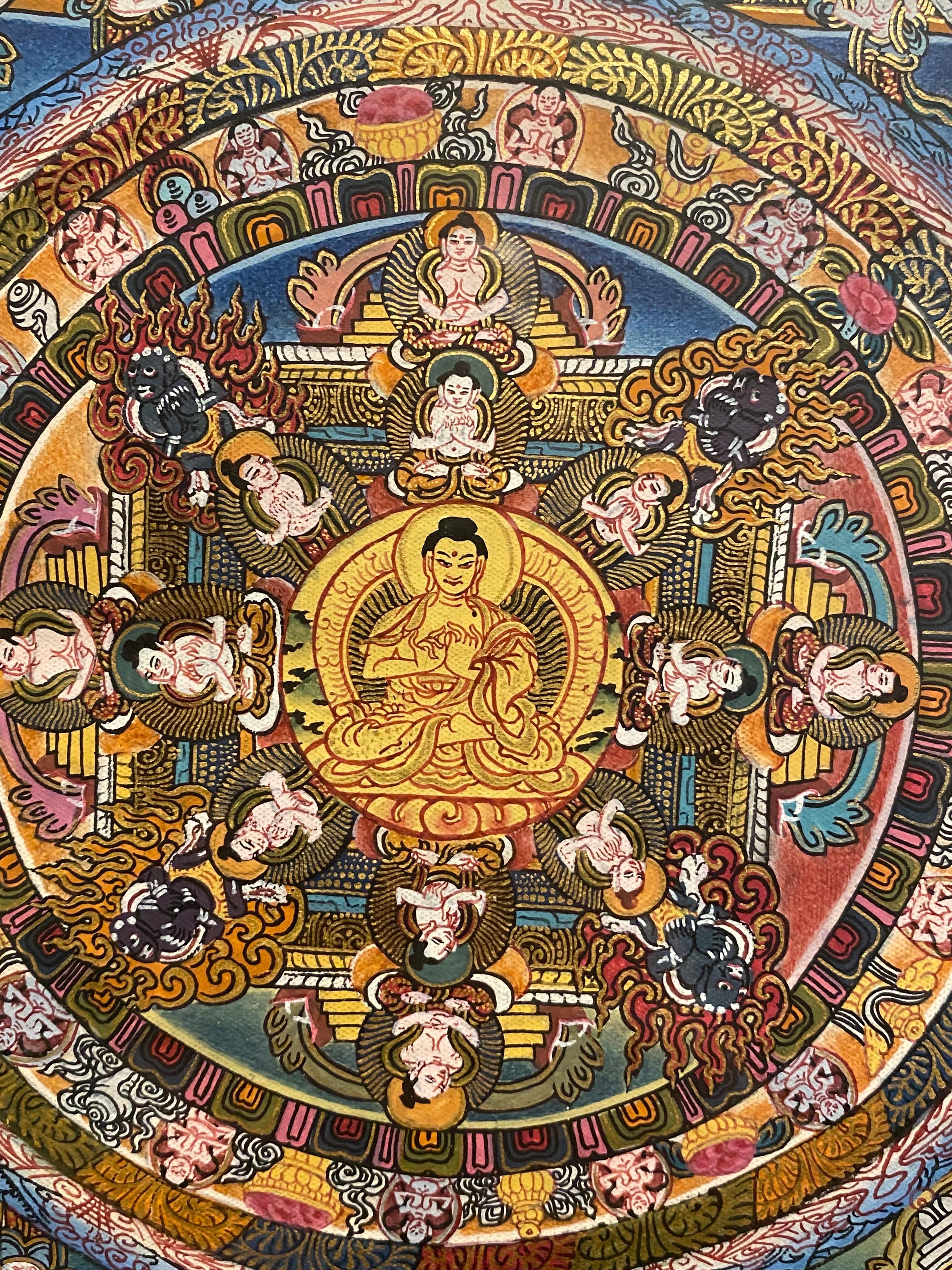Mandala Thangka sobre lienzo pintado a mano y enmarcado con oro de 24 quilates - Painting Otro estilo de arte de Unknown