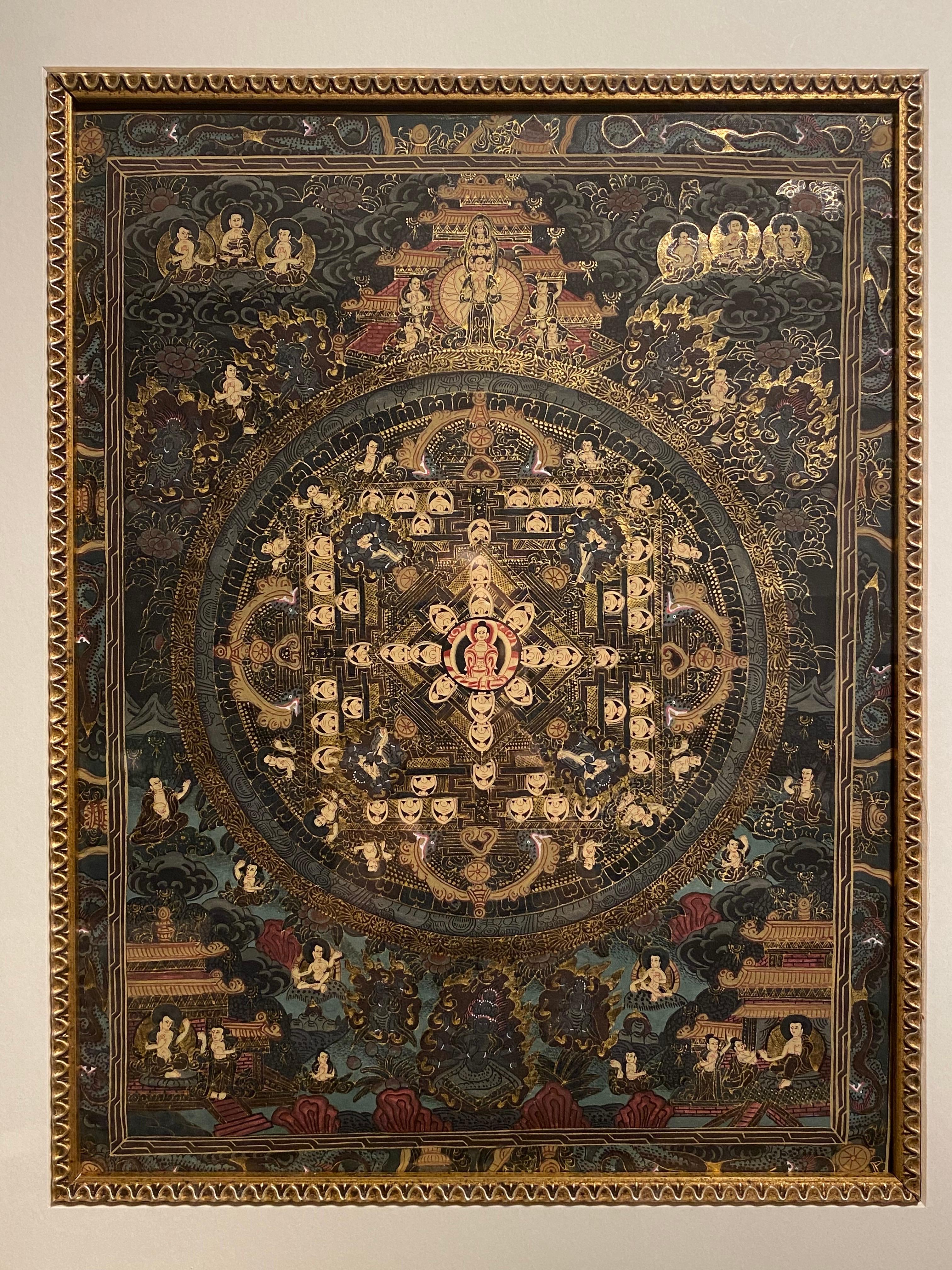 Mandala Thangka su tela dipinto a mano e incorniciato con oro 24 carati - Painting Altro stile artistico di Unknown