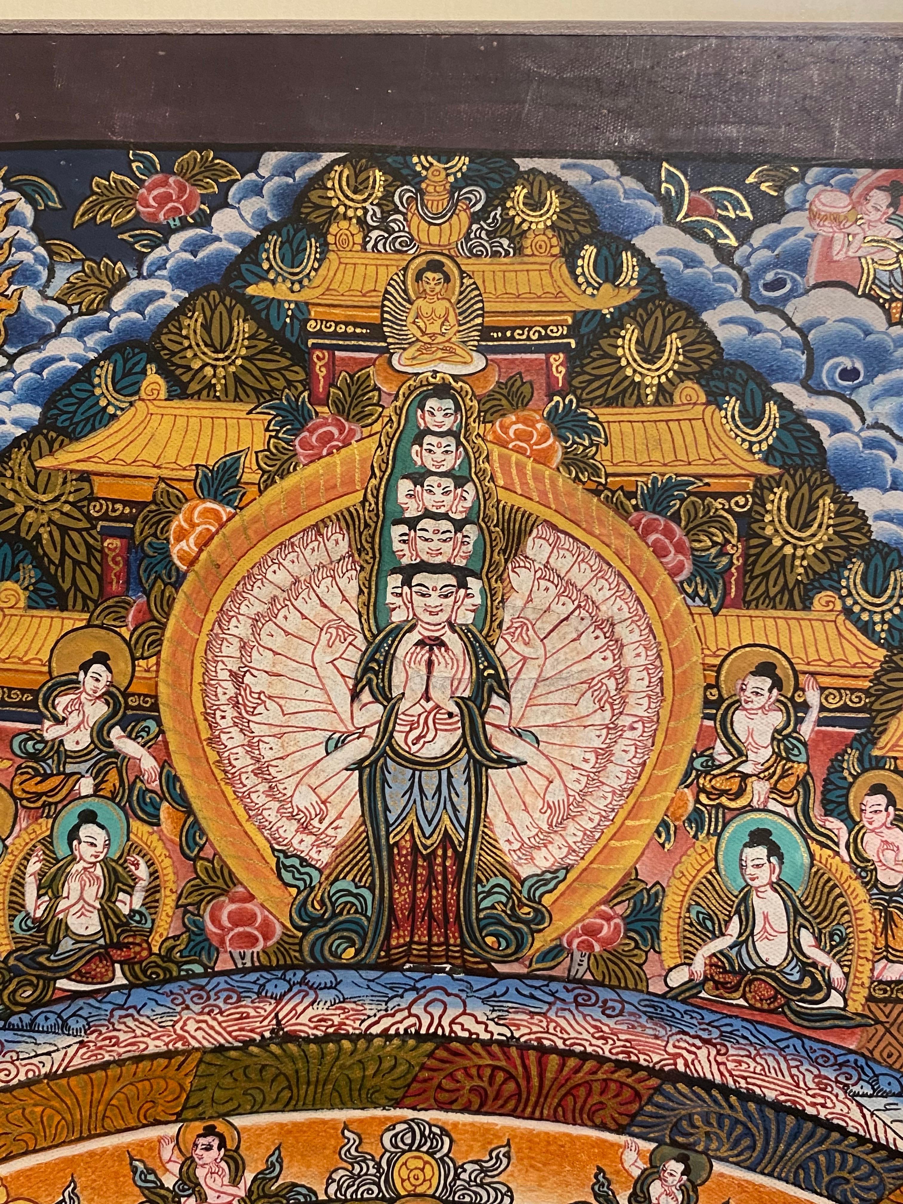 Mandala Thangka sobre lienzo pintado a mano y enmarcado con oro de 24 quilates - Figurative Painting Marrón de Unknown