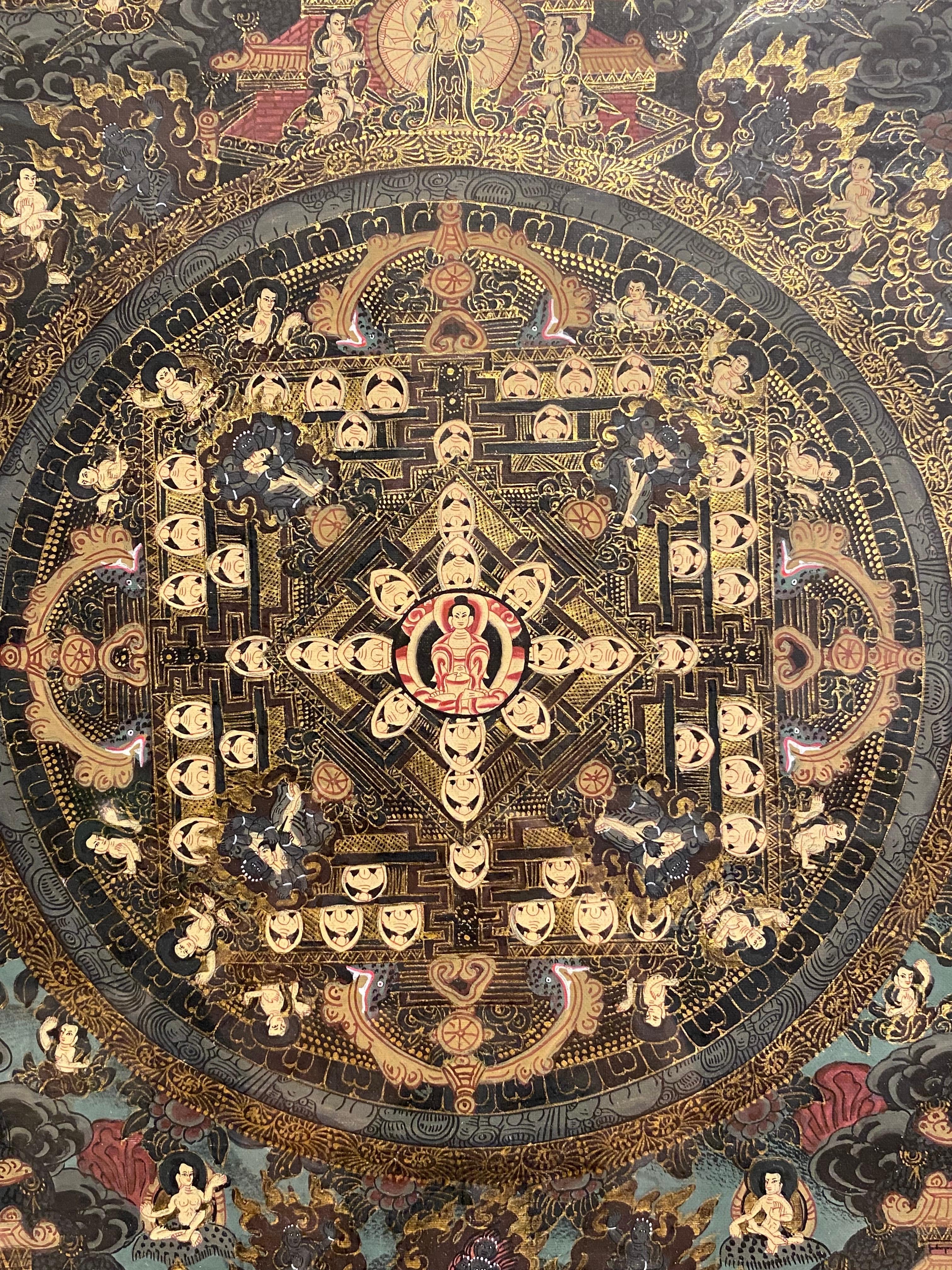 Mandala Thangka su tela dipinto a mano e incorniciato con oro 24 carati - Figurative Painting Marrone di Unknown