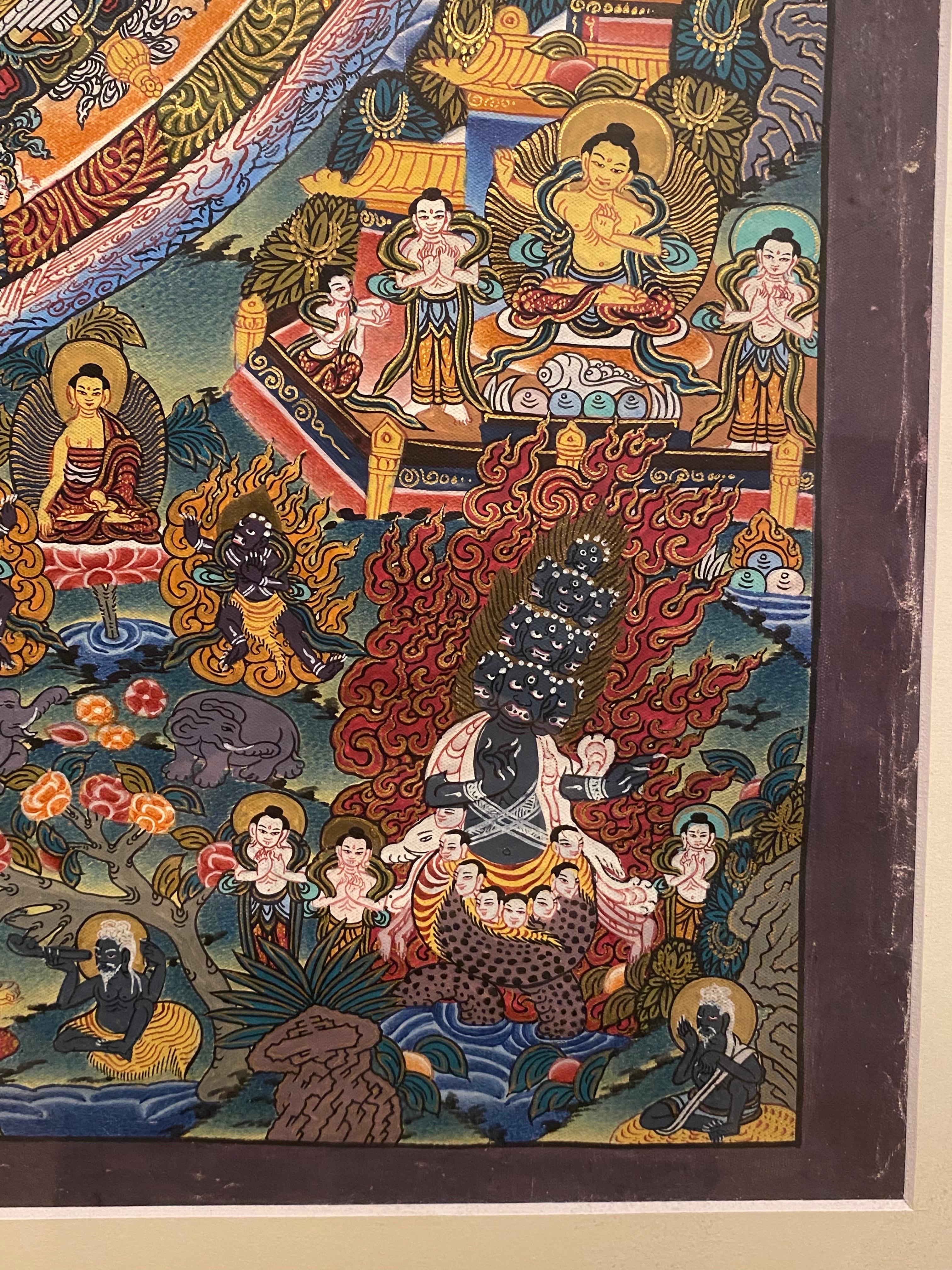 Mandala Thangka sobre lienzo pintado a mano y enmarcado con oro de 24 quilates en venta 1