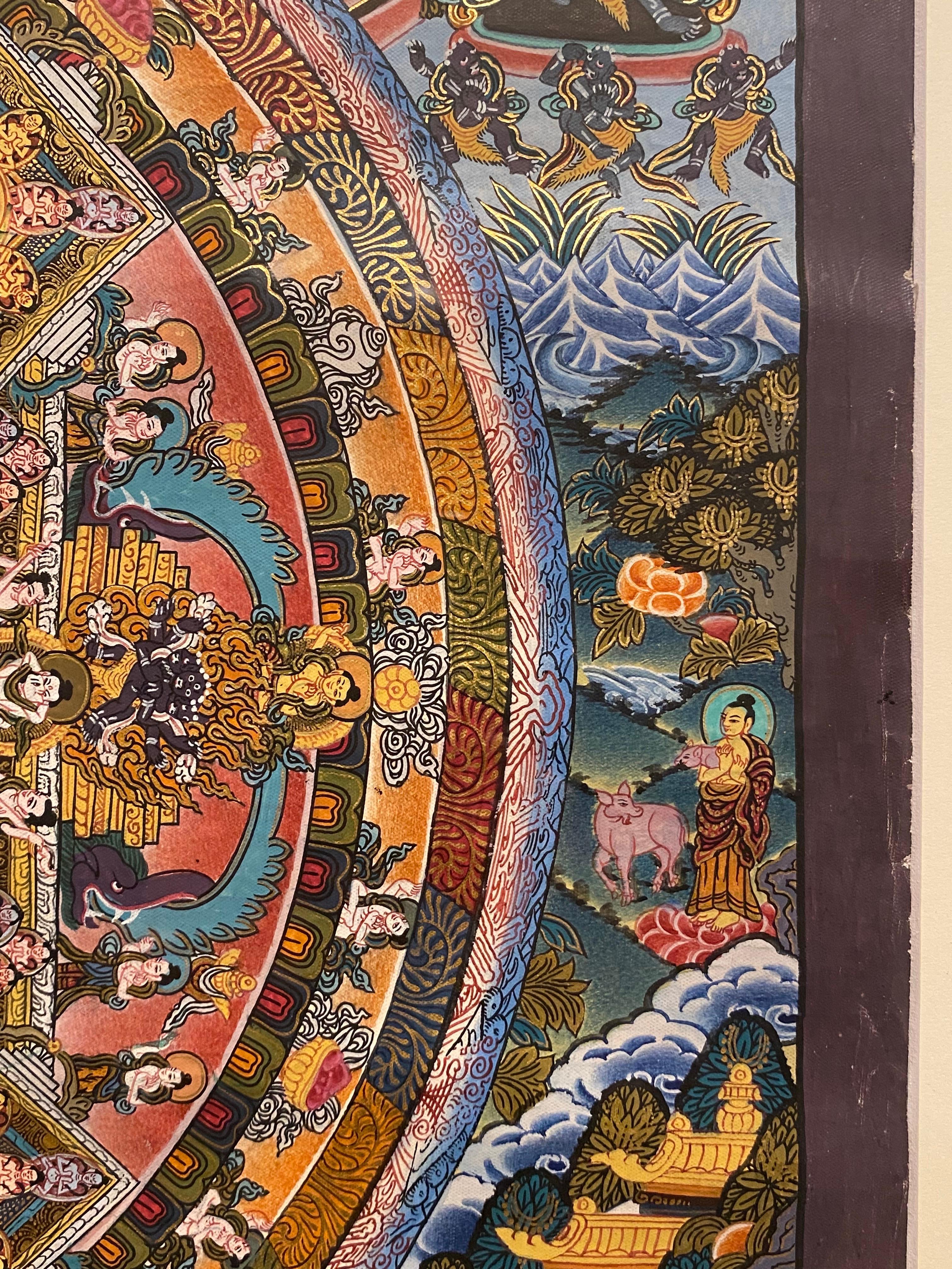 Mandala Thangka sobre lienzo pintado a mano y enmarcado con oro de 24 quilates en venta 2