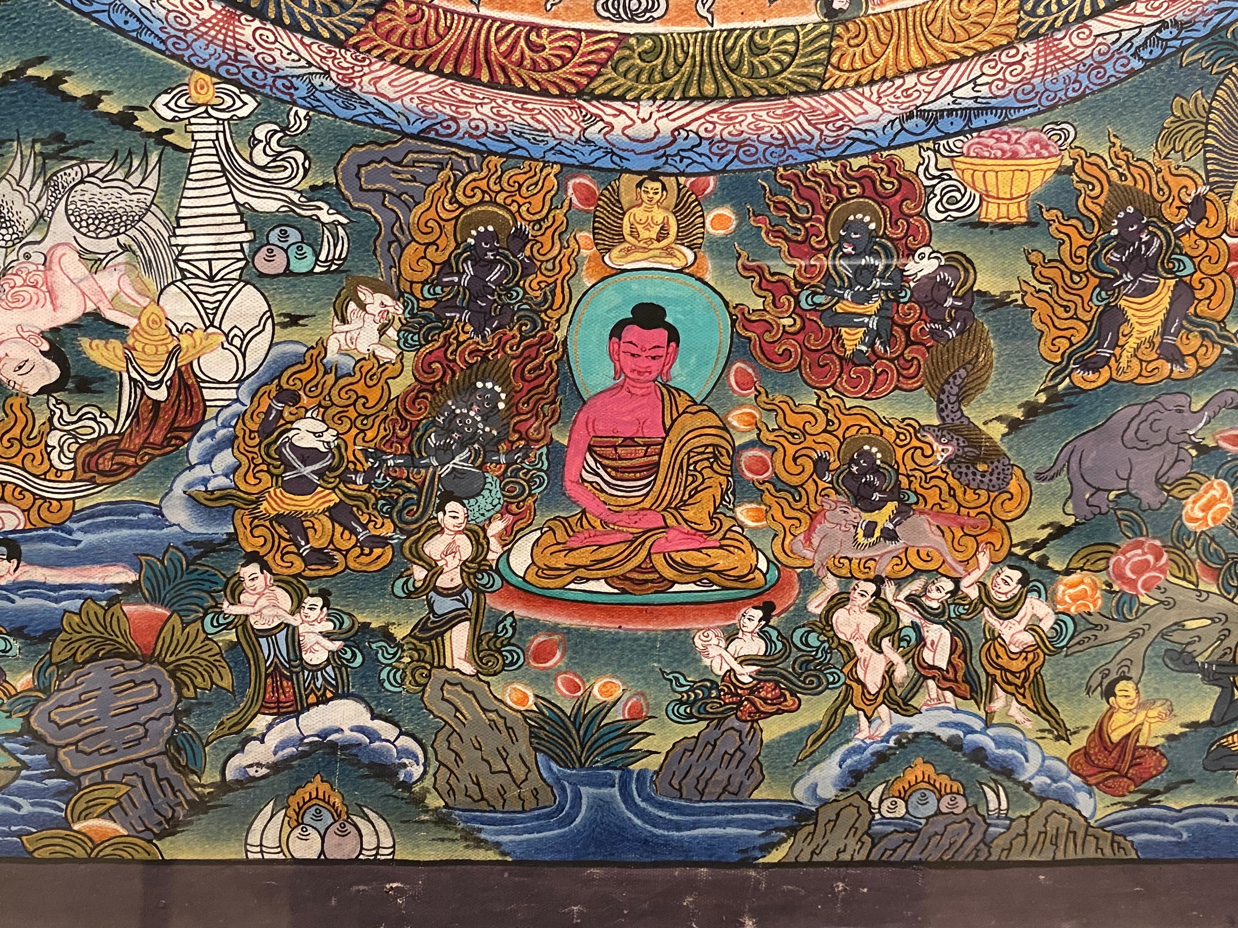 Mandala Thangka sobre lienzo pintado a mano y enmarcado con oro de 24 quilates en venta 3