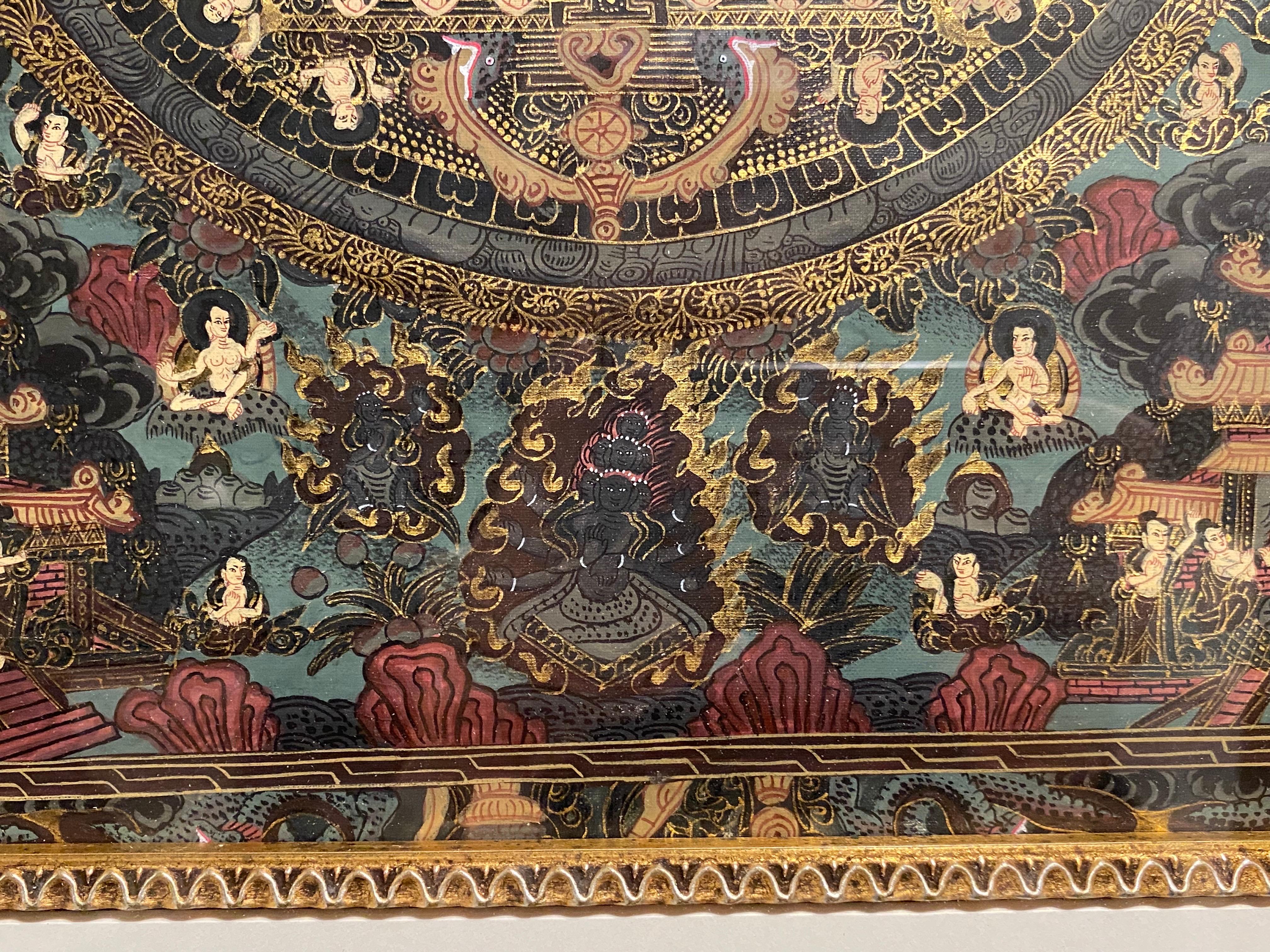 Mandala Thangka su tela dipinto a mano e incorniciato con oro 24 carati in vendita 3