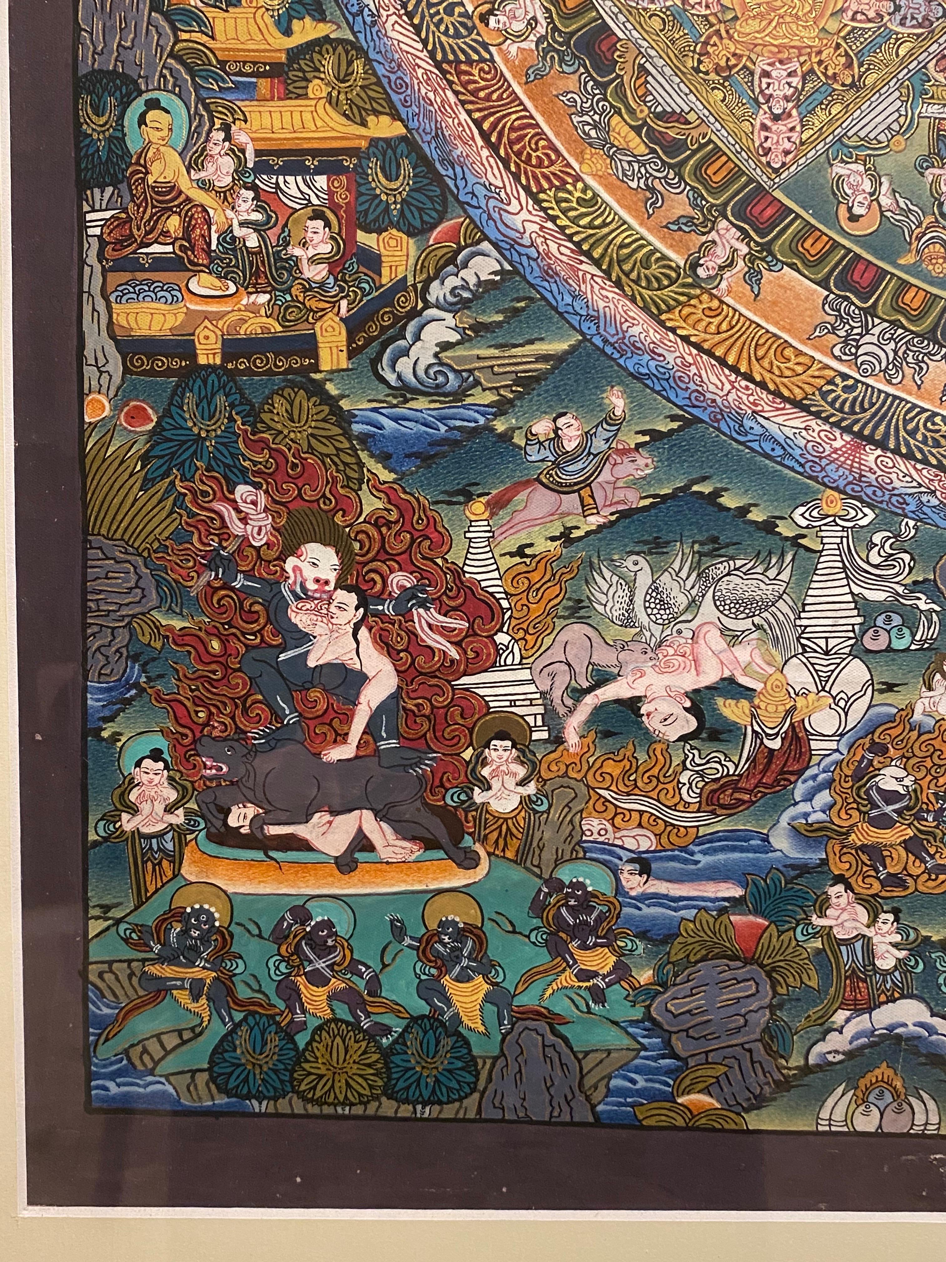 Mandala Thangka sobre lienzo pintado a mano y enmarcado con oro de 24 quilates en venta 4