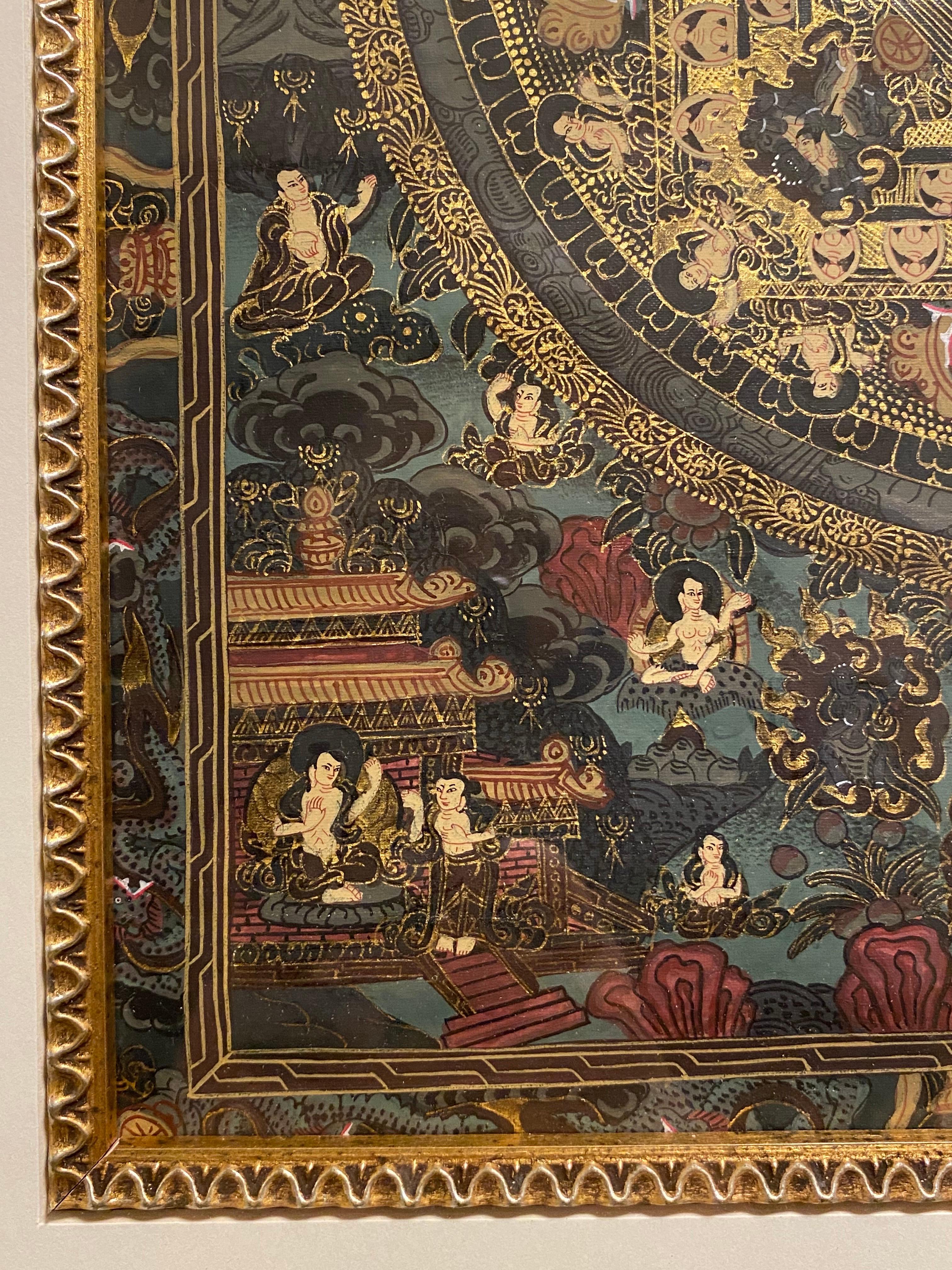 Mandala Thangka su tela dipinto a mano e incorniciato con oro 24 carati in vendita 4