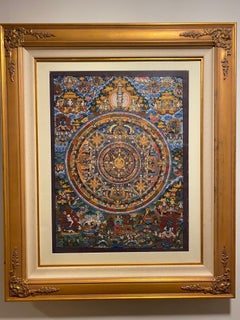 Thangka Mandala peint à la main sur toile encadrée avec or 24 carats