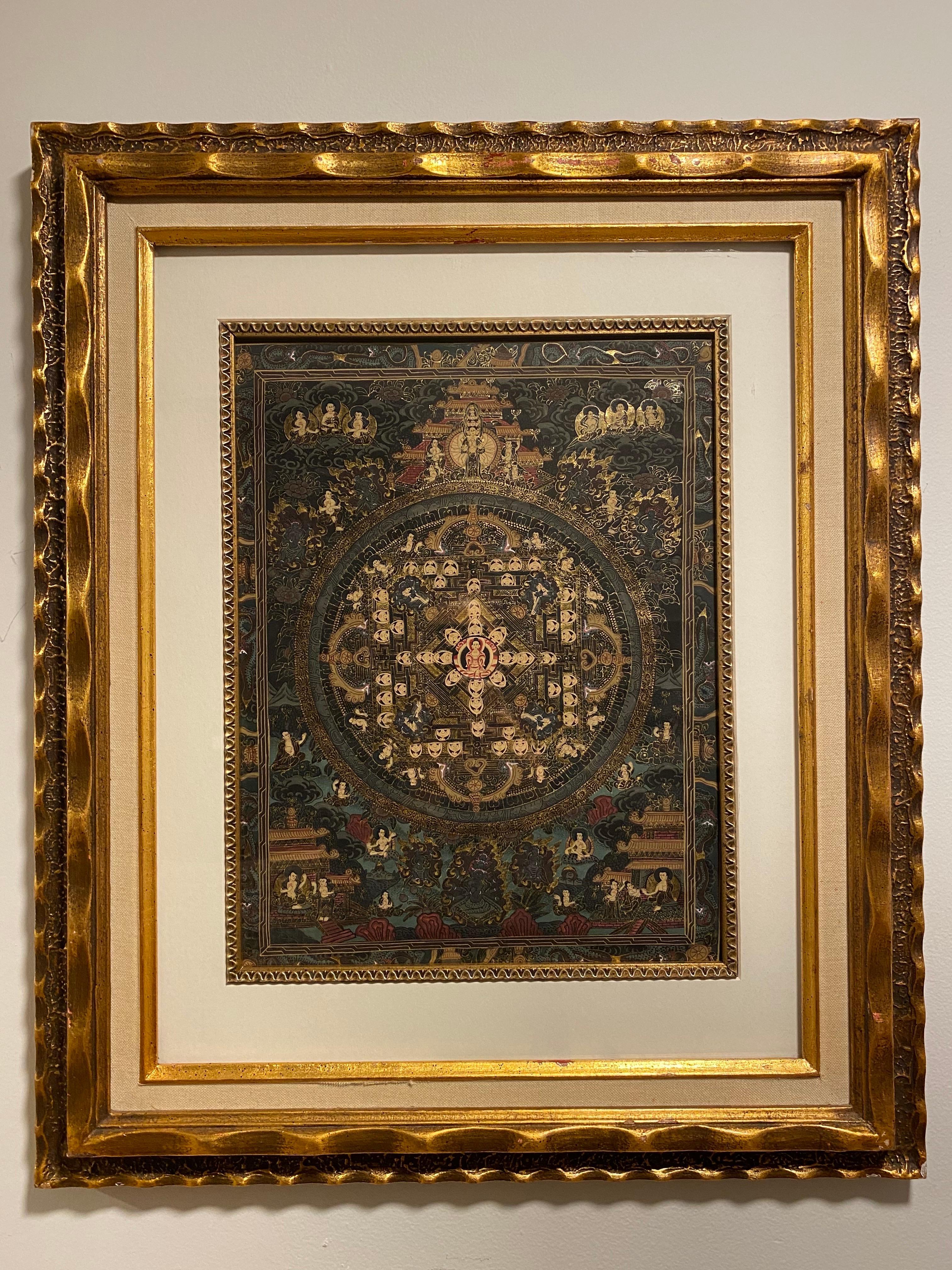 Figurative Painting di Unknown - Mandala Thangka su tela dipinto a mano e incorniciato con oro 24 carati
